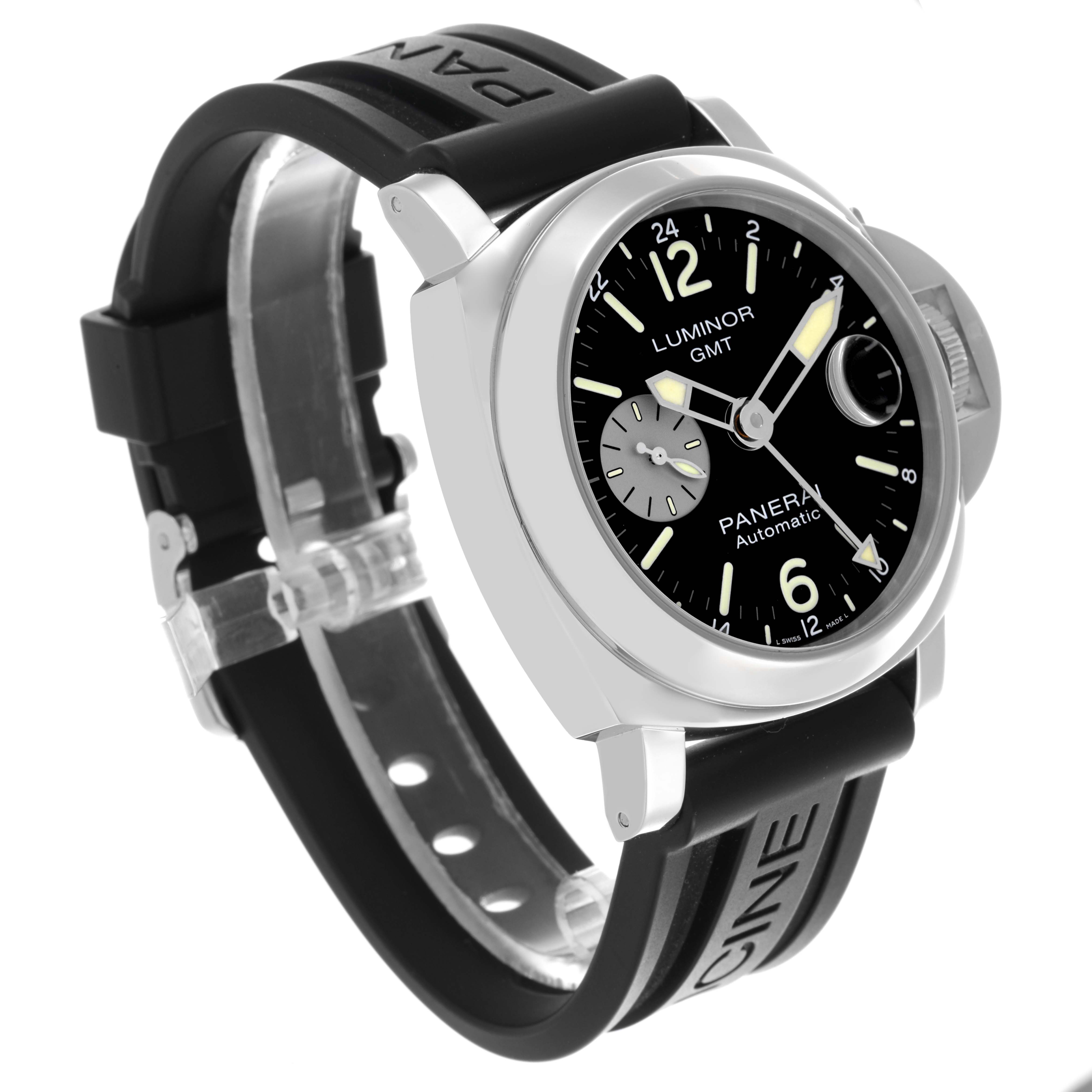 The Panerai Luminor PAM01088 Men's Stainless Steel Black Dial PAM01088 Men's Stainless Steel Black Dial watch is shown at a three-quarter angle, displaying the face, crown guard, and rubber strap.