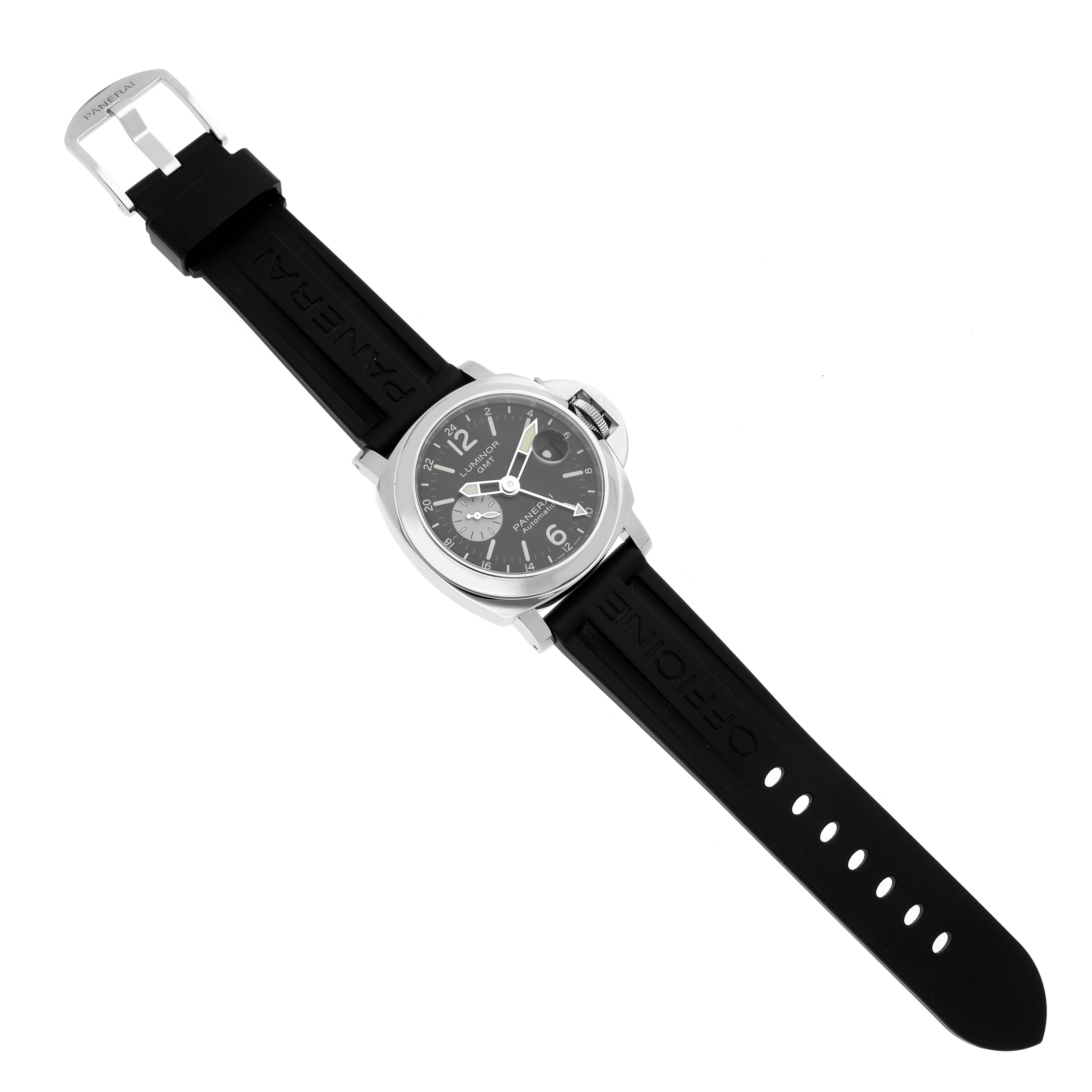 The Panerai Luminor PAM01088 Men's Stainless Steel Black Dial PAM01088 Men's Stainless Steel Black Dial watch is shown from a top view, displaying the face, bezel, and black strap with a visible buckle.