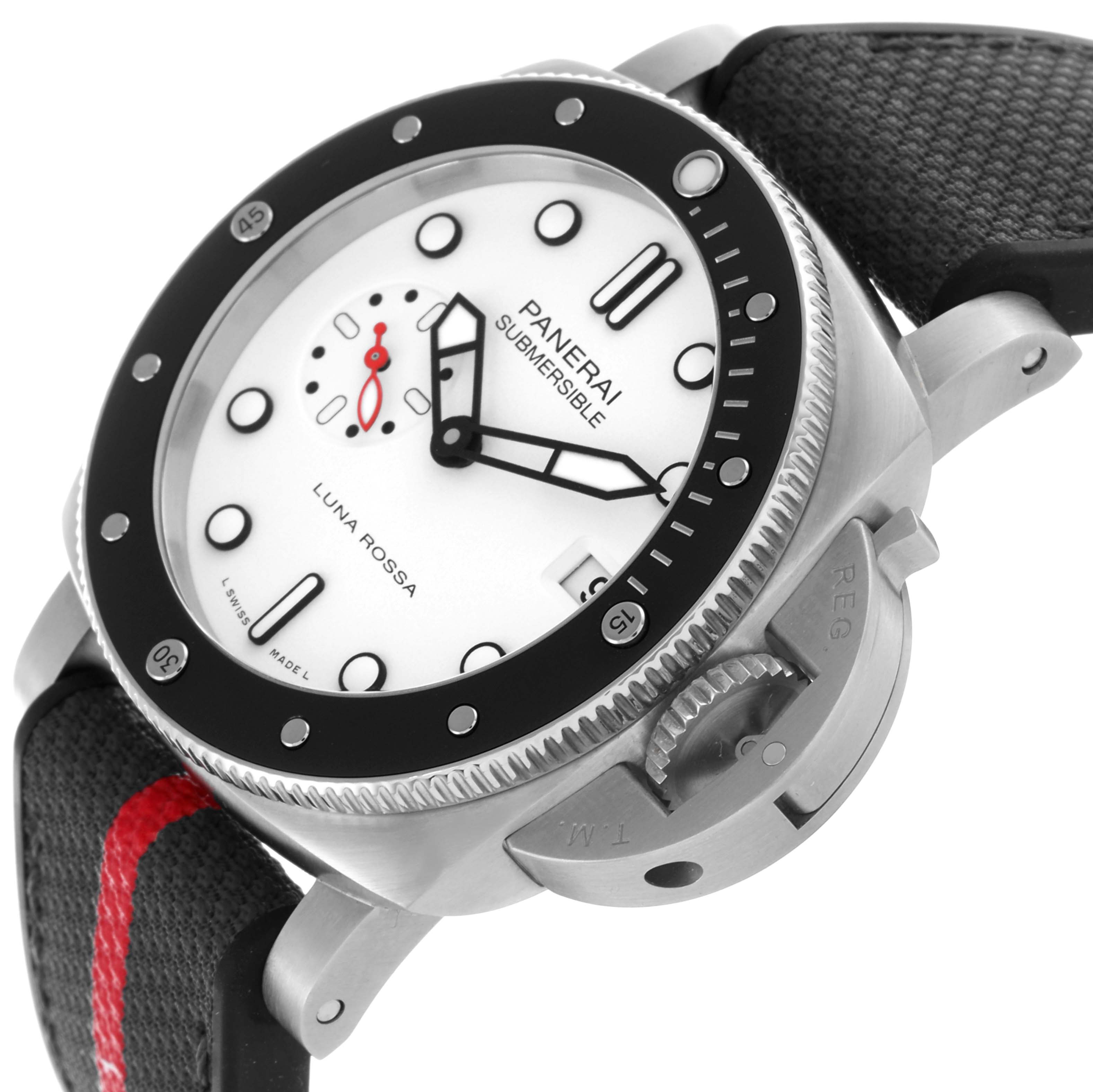 The Panerai Luminor PAM01579 Men
s Stainless Steel White Dial PAM01579 Men
s Stainless Steel White Dial Submersible watch is shown at an angle highlighting the bezel, crown guard, dial, and strap.