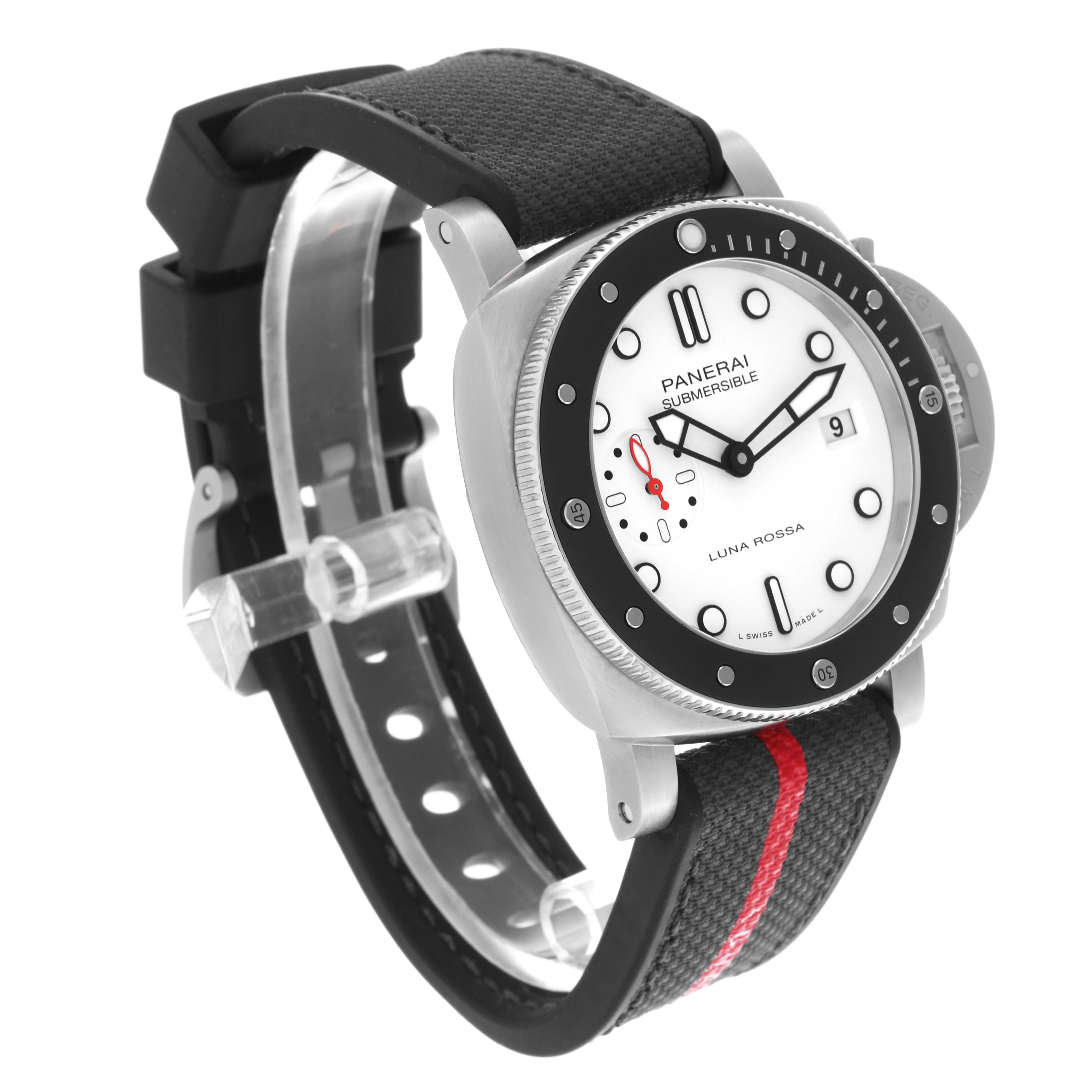 The Panerai Luminor PAM01579 Men
s Stainless Steel White Dial PAM01579 Men
s Stainless Steel White Dial watch is shown at a three-quarter angle, highlighting the face, bezel, and strap.