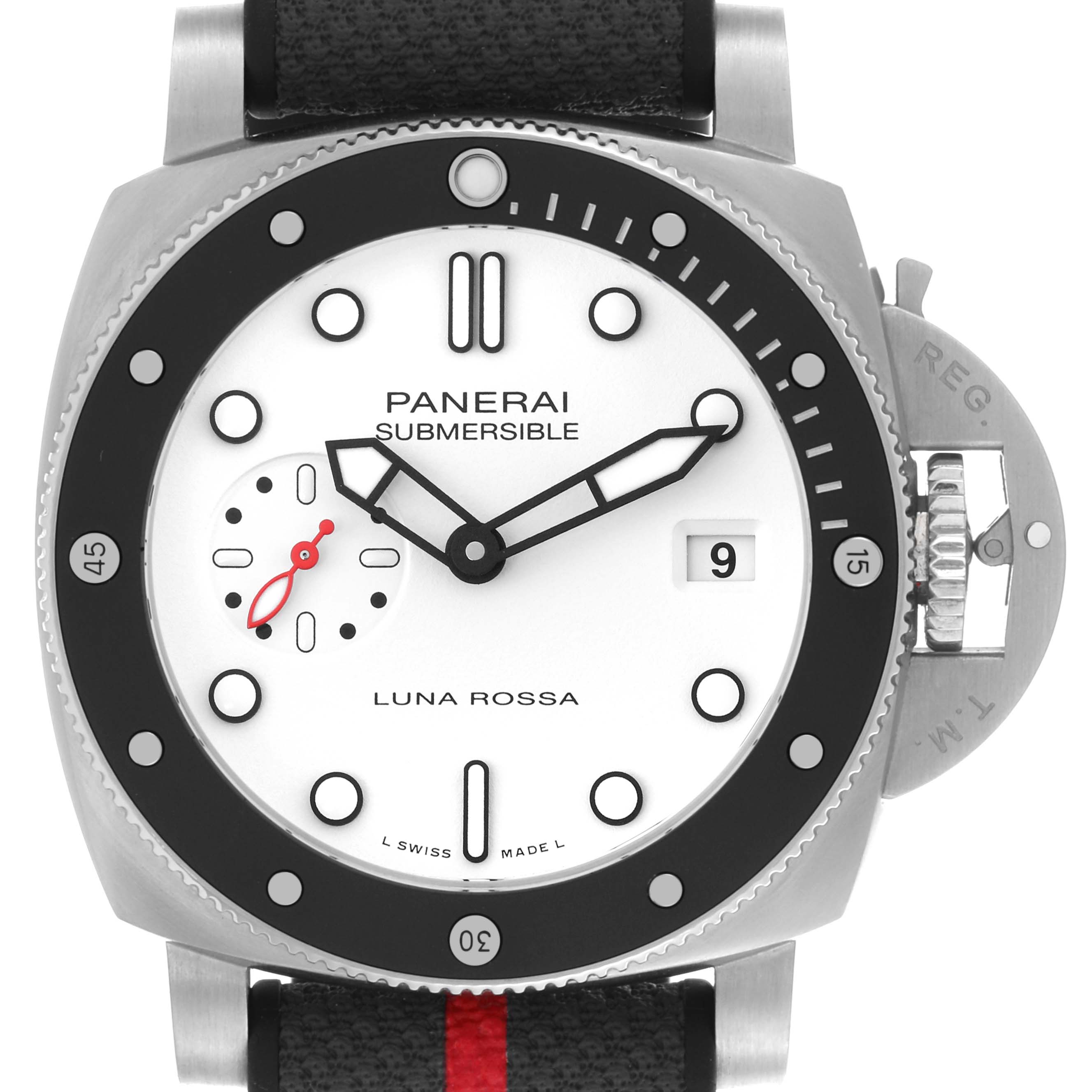 The Panerai Luminor PAM01579 Men
s Stainless Steel White Dial PAM01579 Men
s Stainless Steel White Dial watch is shown from the front, highlighting its dial, hands, subdial, bezel, and crown guard.