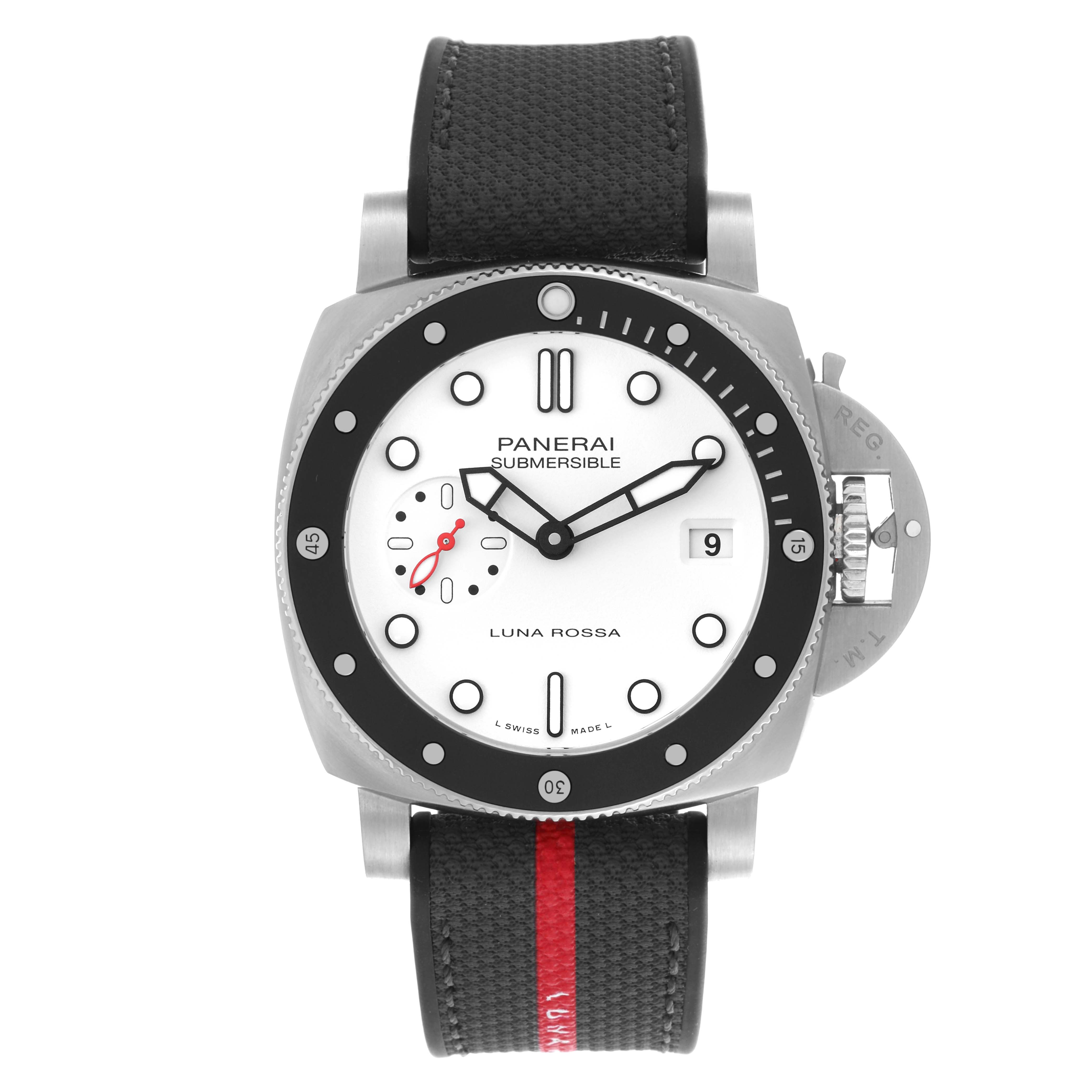 The image shows a front view of a Panerai Luminor PAM01579 Men
s Stainless Steel White Dial PAM01579 Men
s Stainless Steel White Dial watch, displaying its dial, bezel, strap, and crown guard.