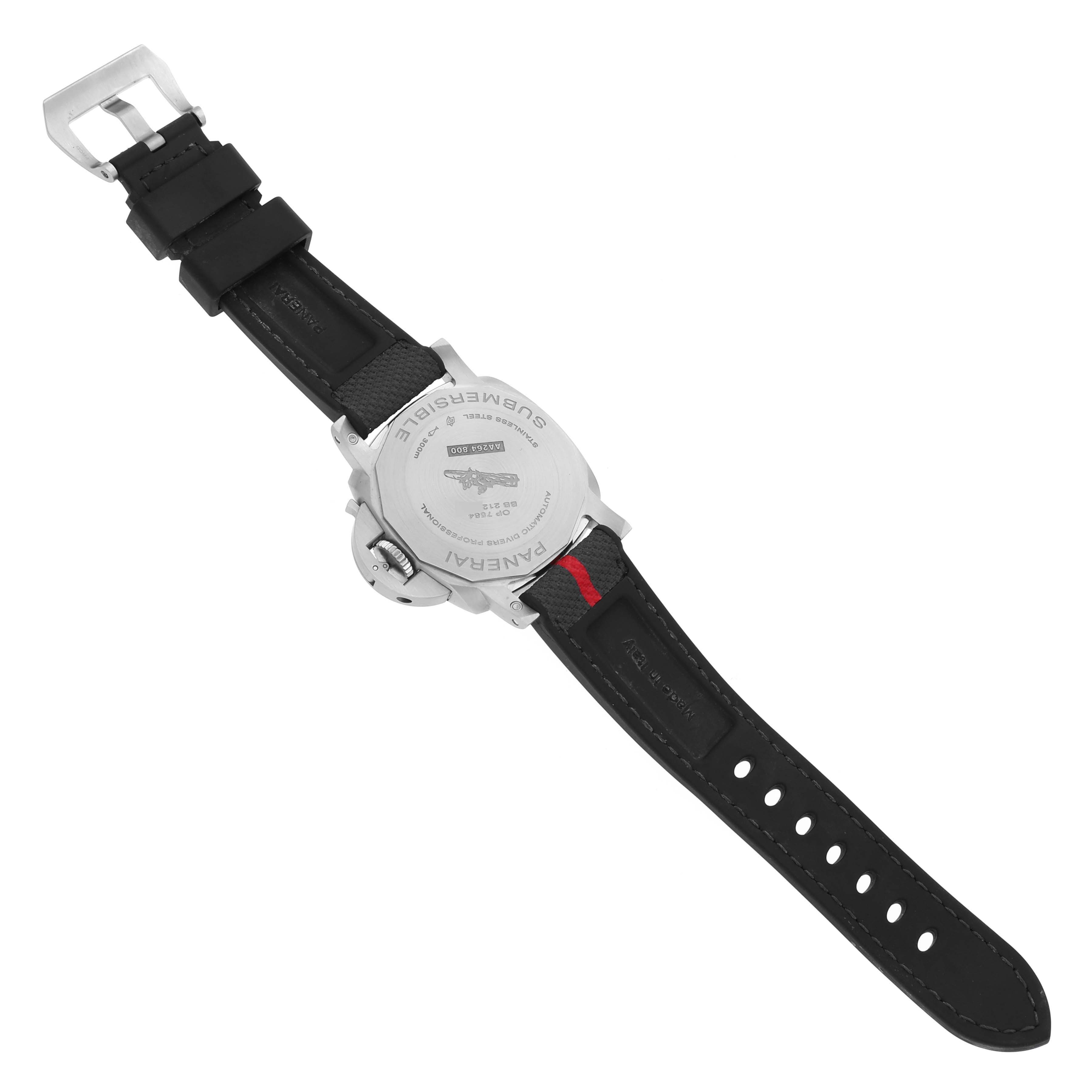 The image shows the back and strap of a Panerai Luminor PAM01579 Men
s Stainless Steel White Dial PAM01579 Men
s Stainless Steel White Dial watch, highlighting the case back and buckle.