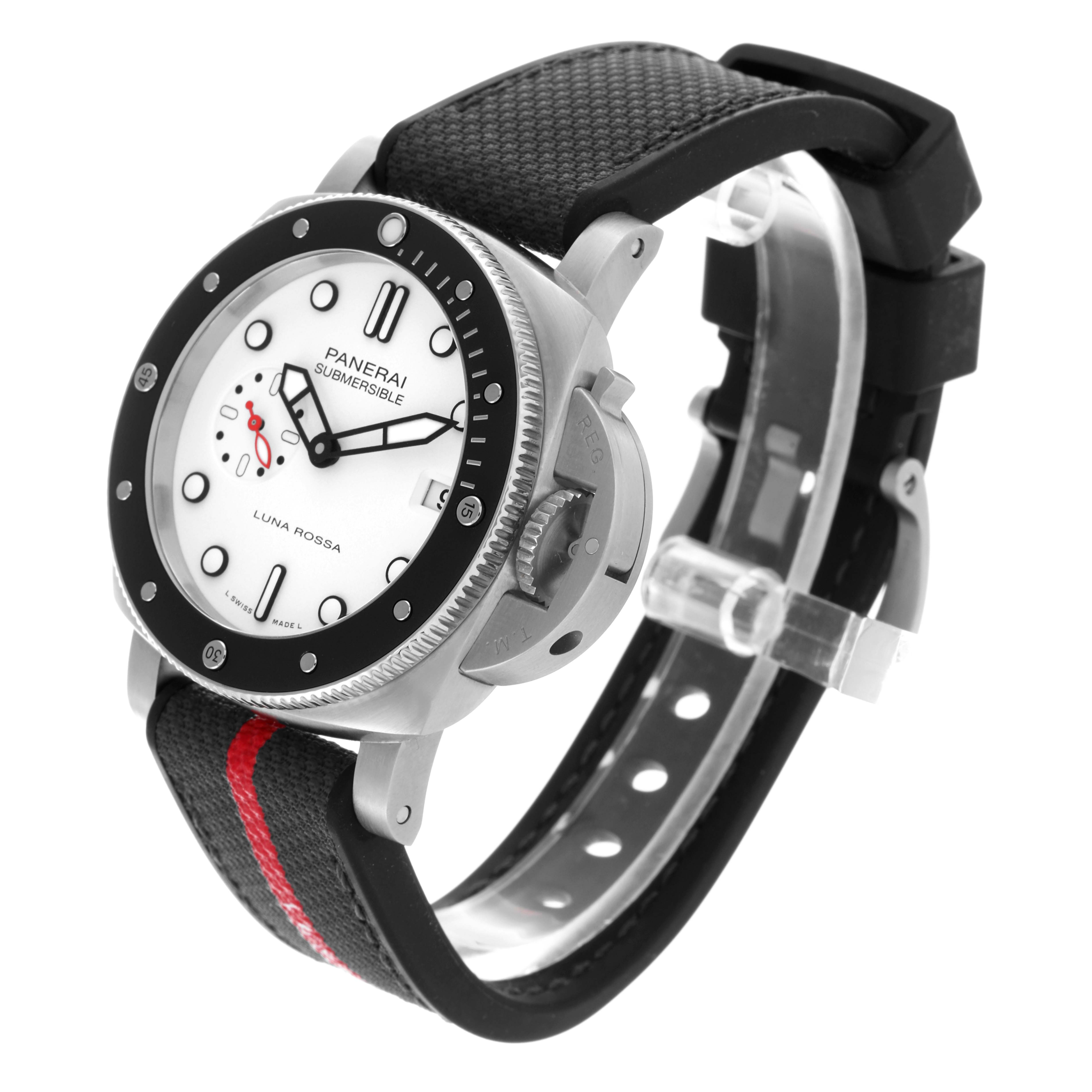 The Panerai Luminor PAM01579 Men
s Stainless Steel White Dial PAM01579 Men
s Stainless Steel White Dial watch is shown at an angle highlighting the face, bezel, crown guard, and strap.