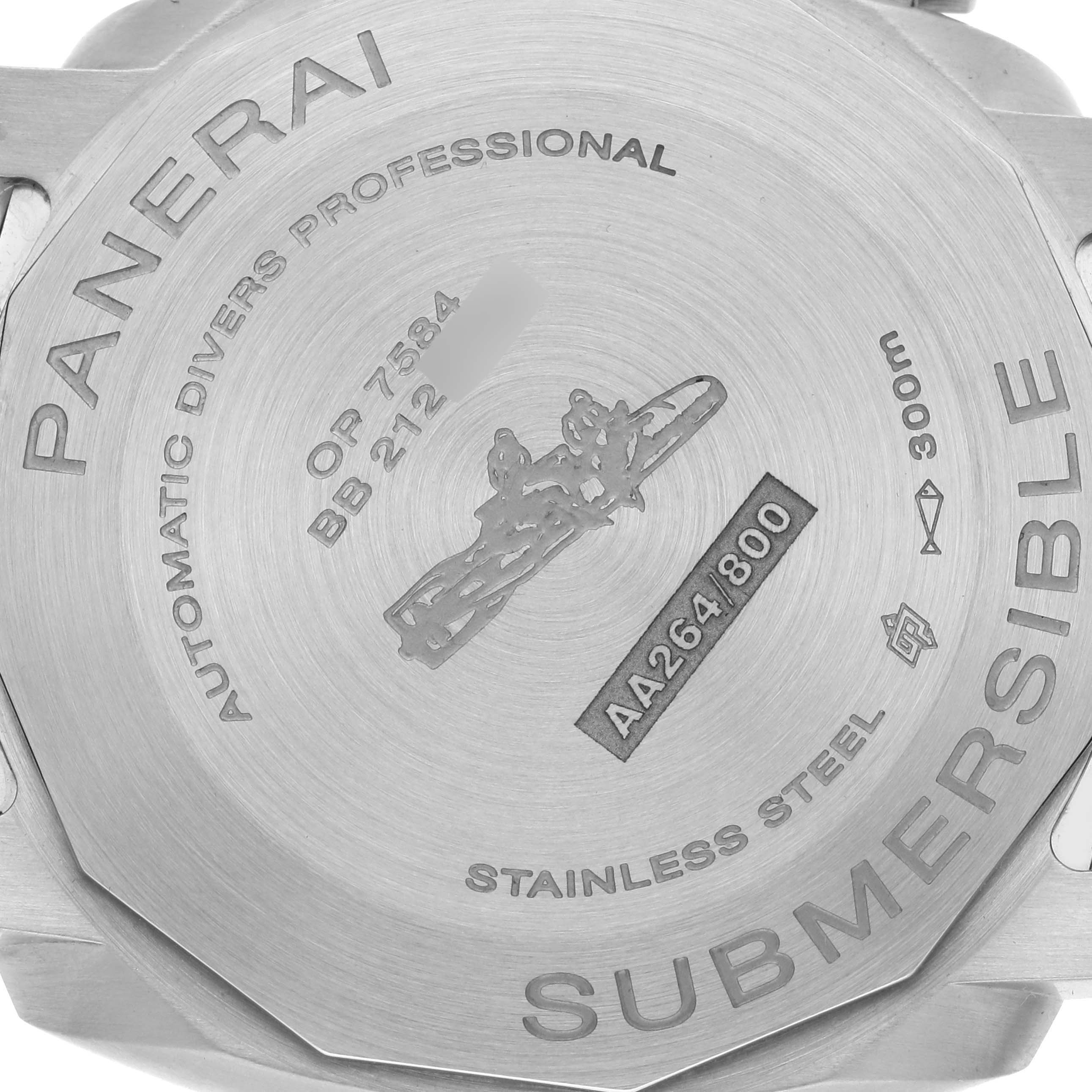 The image shows the case back of the Panerai Luminor PAM01579 Men
s Stainless Steel White Dial PAM01579 Men
s Stainless Steel White Dial Submersible watch, displaying engravings and specifications.