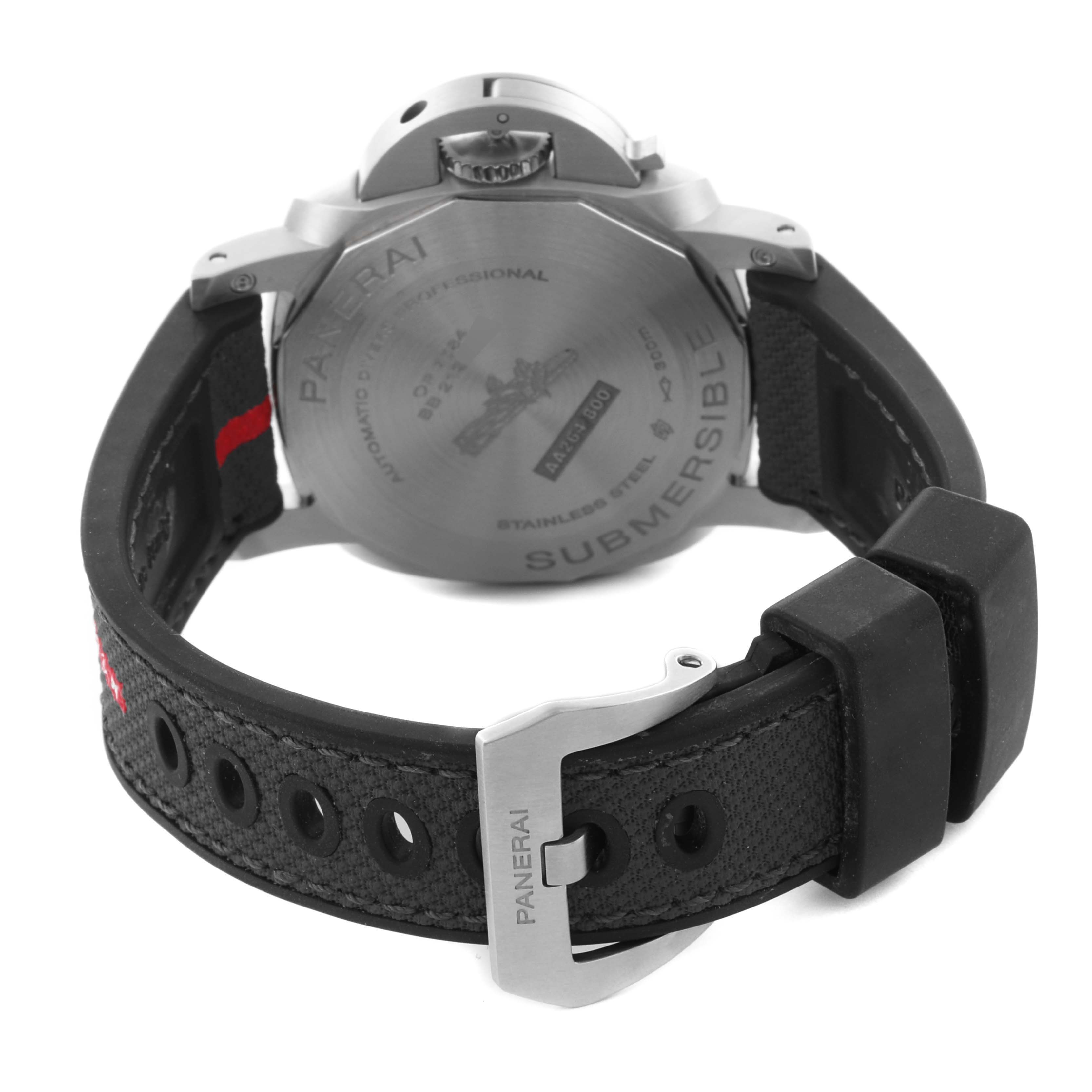 The image shows the back of a Panerai Luminor PAM01579 Men
s Stainless Steel White Dial PAM01579 Men
s Stainless Steel White Dial watch, featuring the case back, crown guard, and part of the strap and buckle.