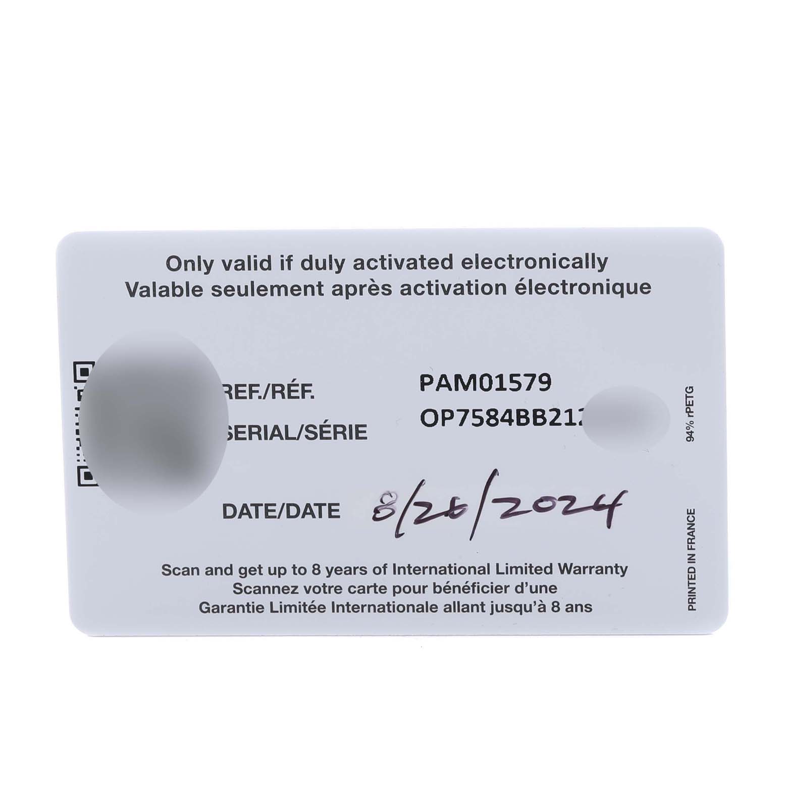 The image shows a warranty card for the Panerai Luminor PAM01579 Men
s Stainless Steel White Dial PAM01579 Men
s Stainless Steel White Dial model, displaying the reference and serial numbers.