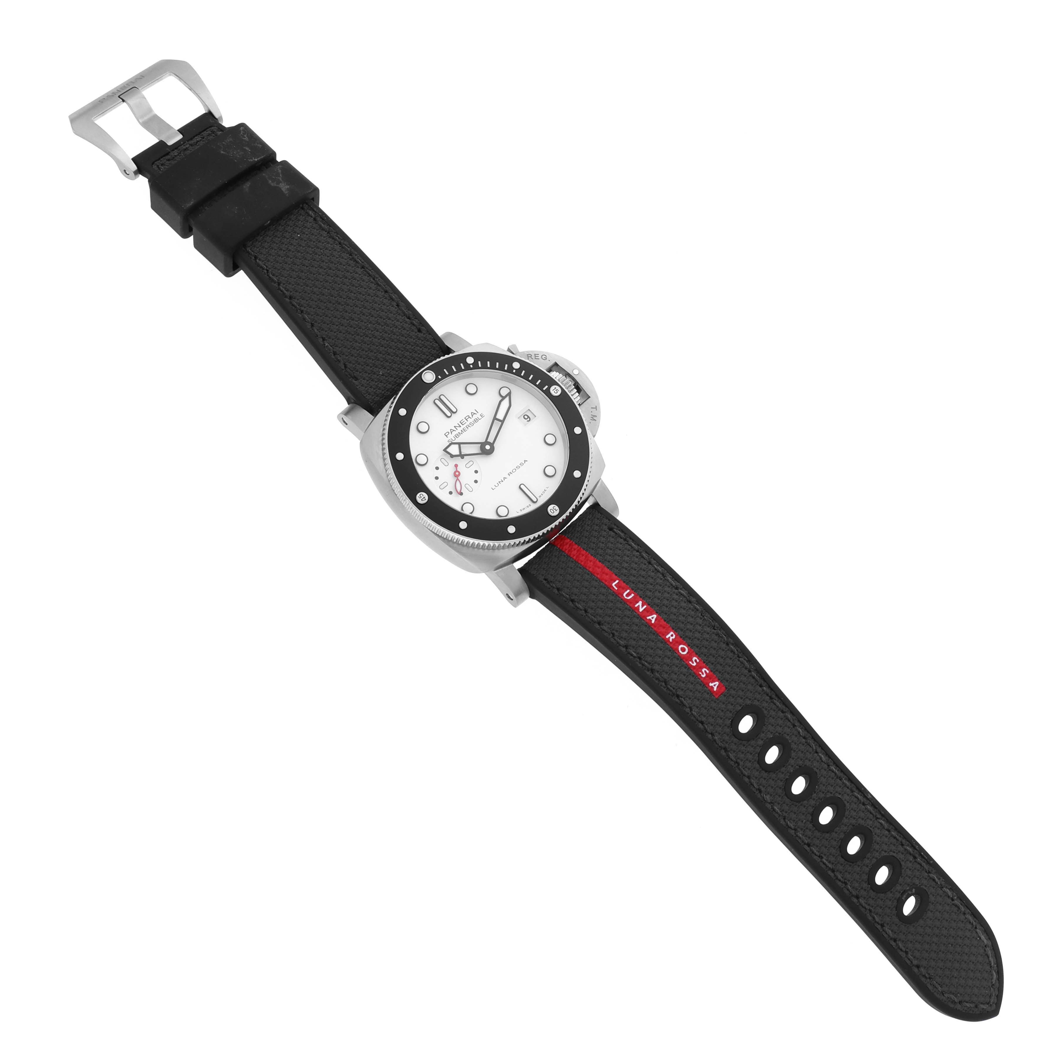 The Panerai Luminor PAM01579 Men
s Stainless Steel White Dial PAM01579 Men
s Stainless Steel White Dial watch is shown from an overhead angle, displaying the face, bezel, strap, and buckle.