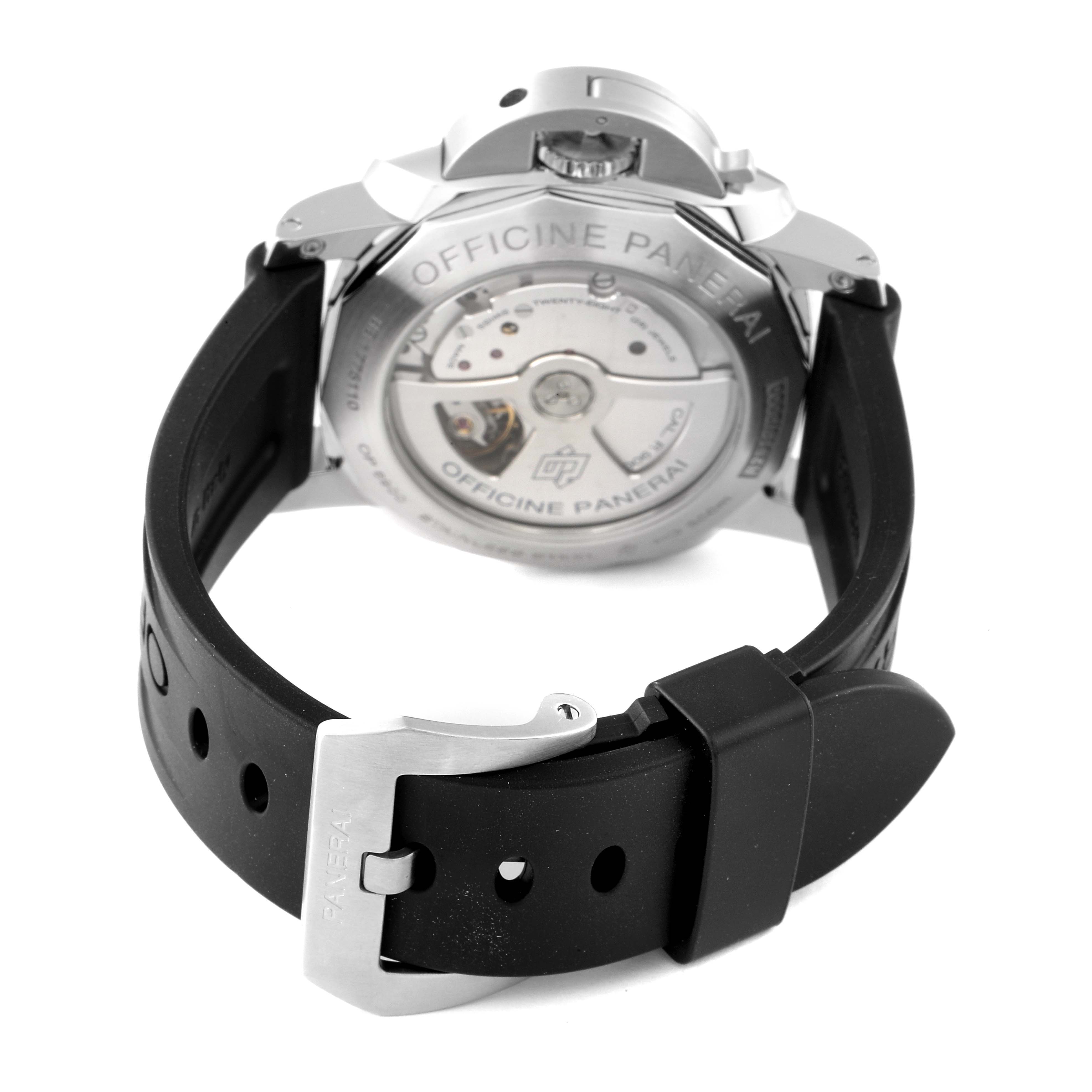 The image shows the back view of a Panerai Luminor PAM00359 Men's Stainless Steel Black Dial PAM00359 Men's Stainless Steel Black Dial watch, highlighting its case back, clasp, and rubber strap.
