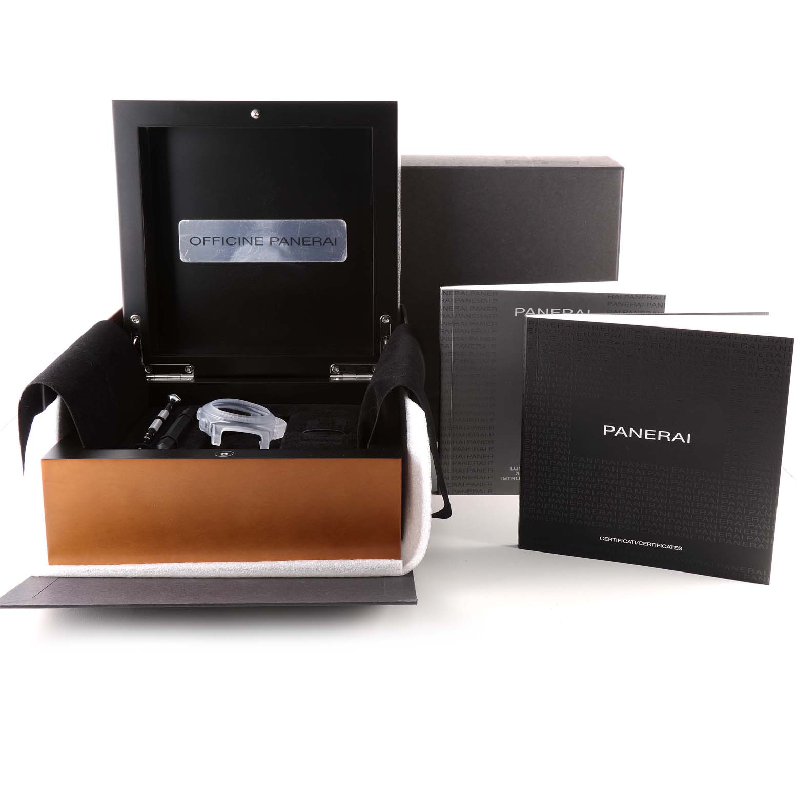 The image shows a Panerai Luminor PAM00359 Men's Stainless Steel Black Dial PAM00359 Men's Stainless Steel Black Dial watch box with manuals, a tool, and a protective case insert.