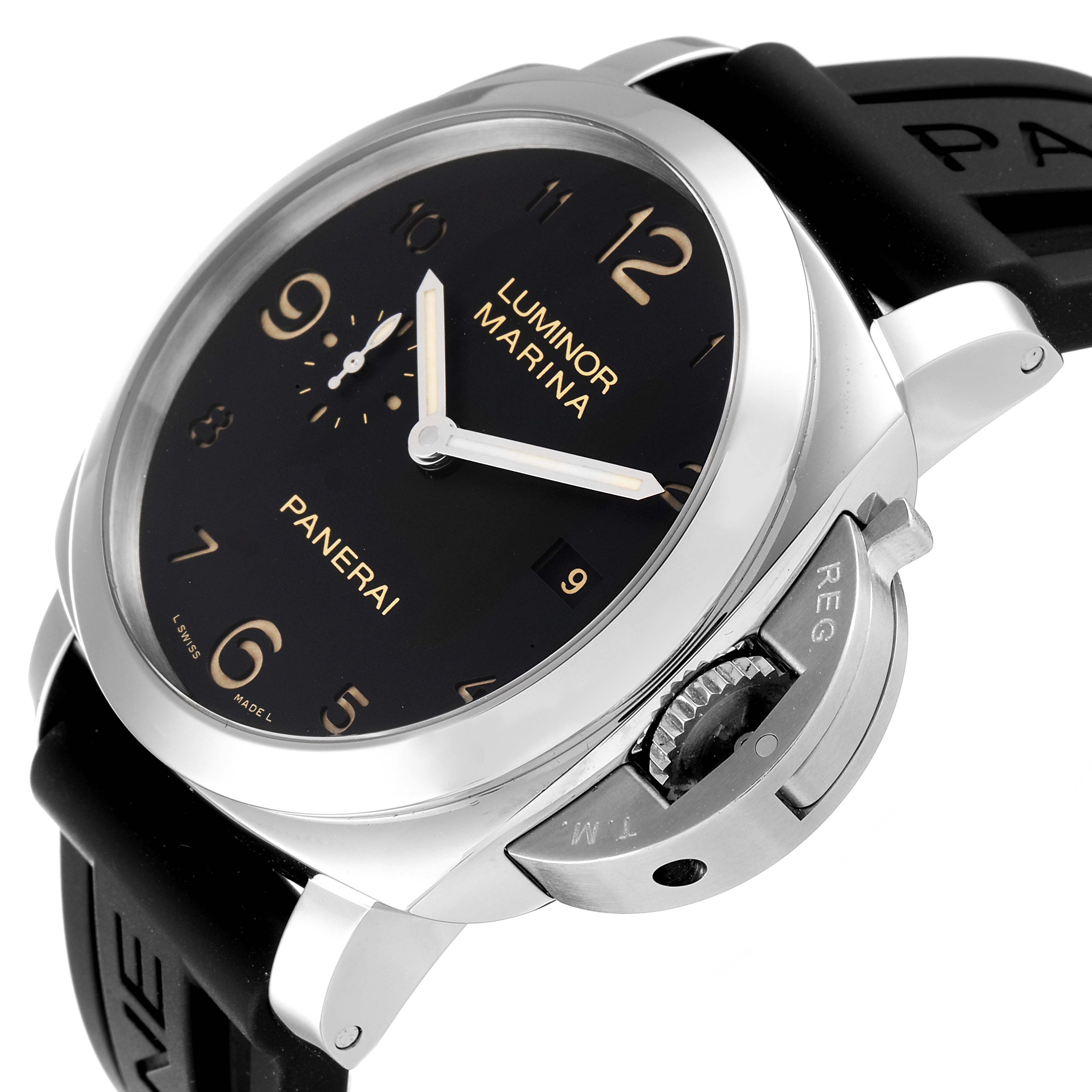 The image shows a close-up angled view of a Panerai Luminor PAM00359 Men's Stainless Steel Black Dial PAM00359 Men's Stainless Steel Black Dial Marina watch, highlighting the black dial, case, and crown guard.