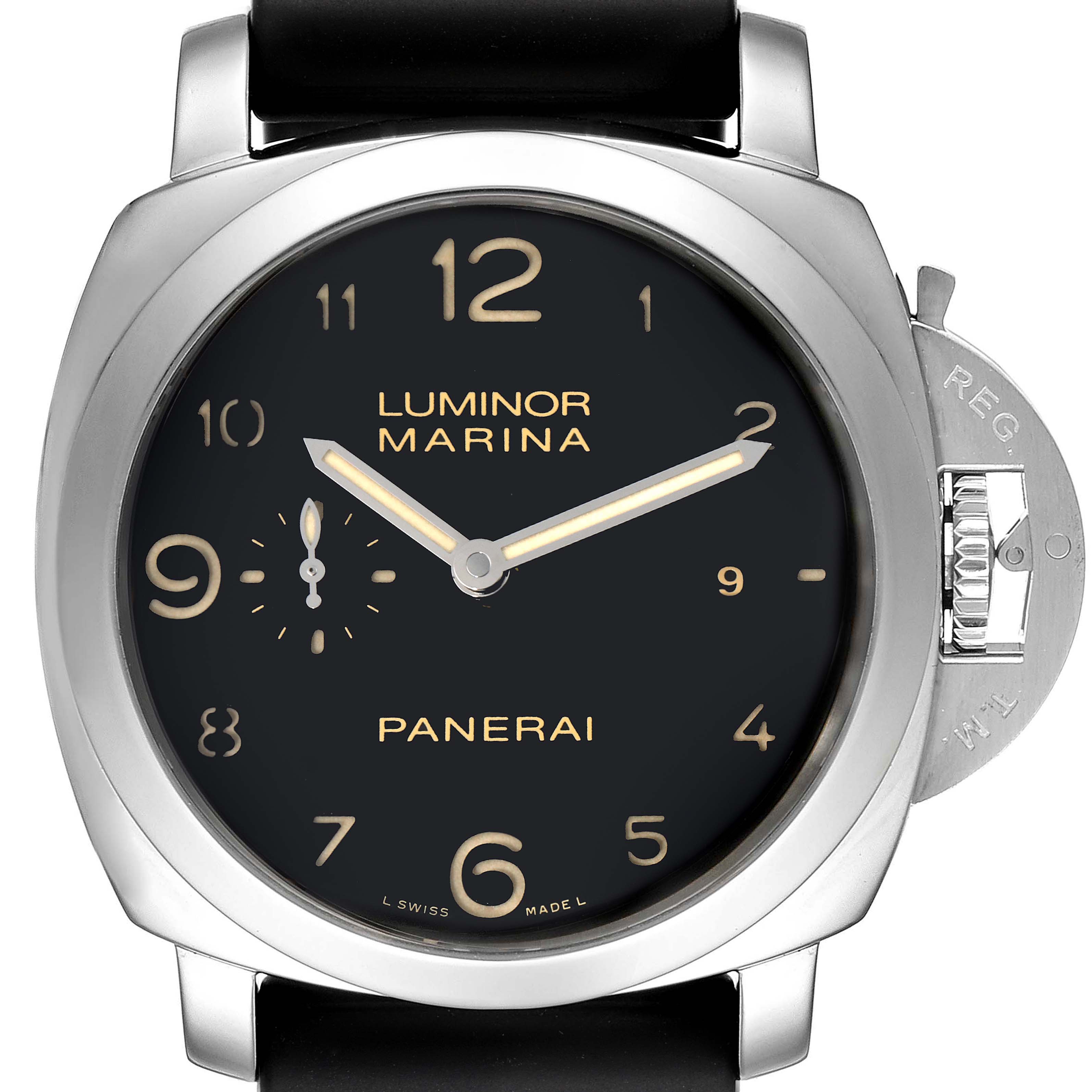 The image shows a front view of the dial and case of a Panerai Luminor PAM00359 Men's Stainless Steel Black Dial PAM00359 Men's Stainless Steel Black Dial Marina watch.