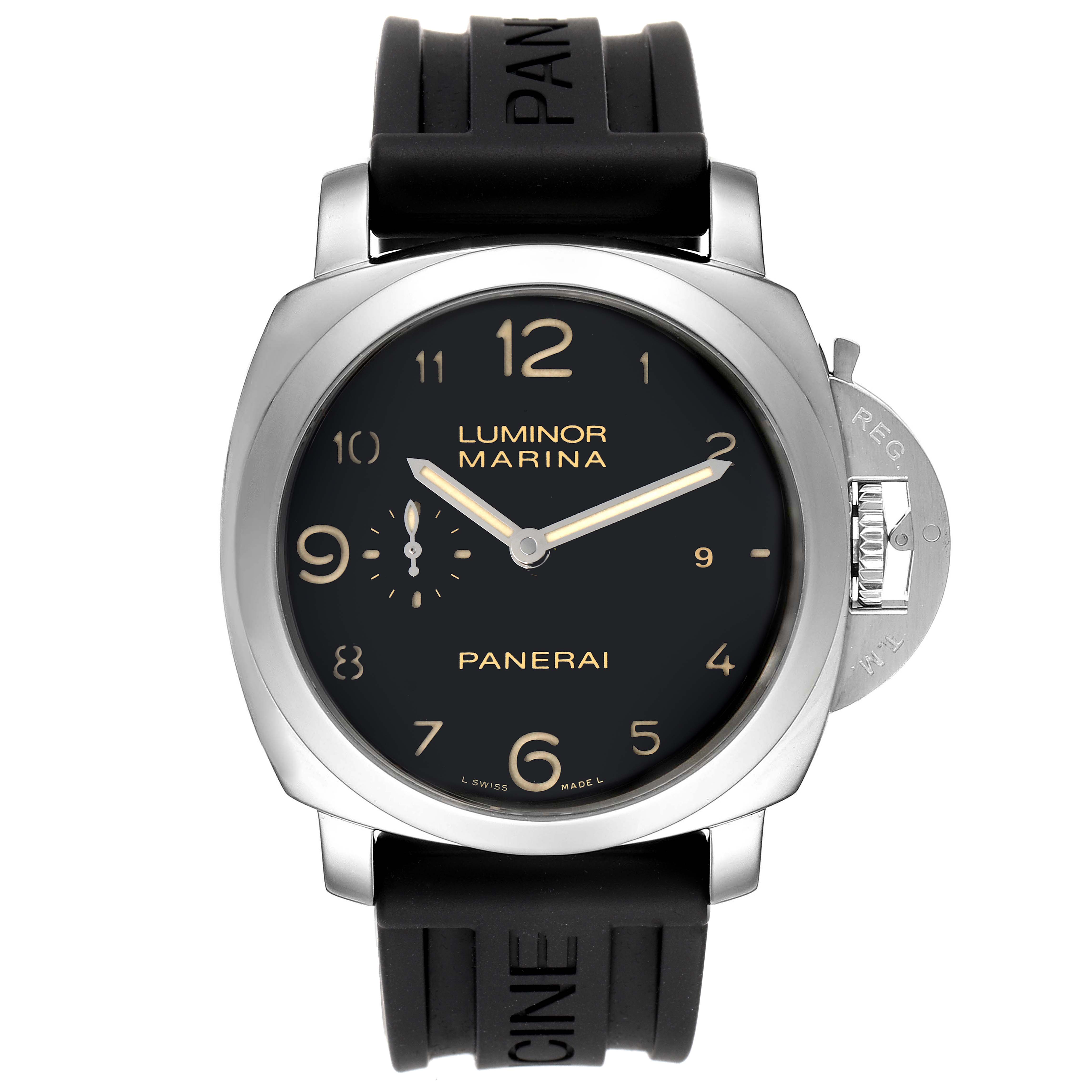 This is a front view of a Panerai Luminor PAM00359 Men's Stainless Steel Black Dial PAM00359 Men's Stainless Steel Black Dial watch showing its black dial, numeric hour markers, and black rubber strap.