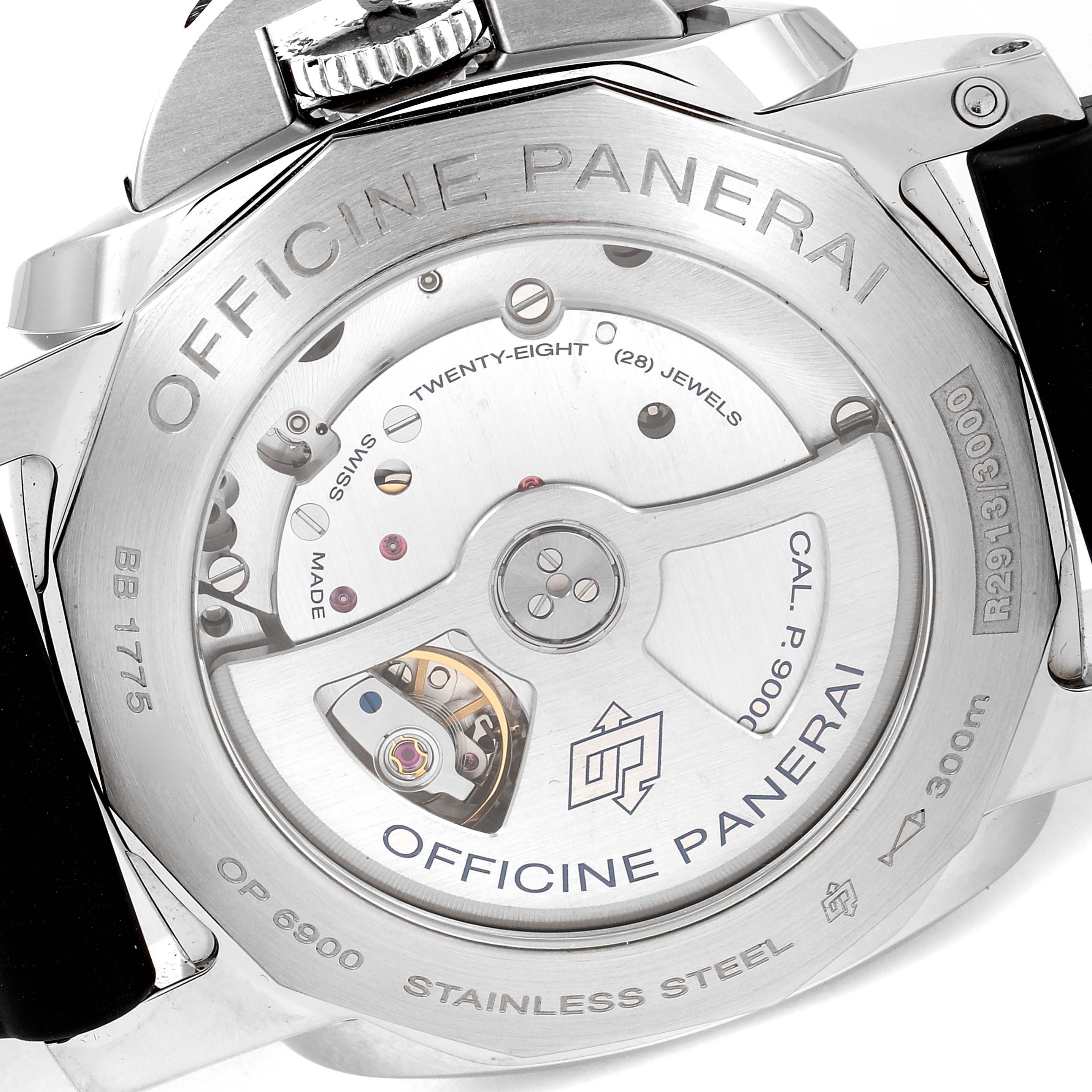 The image shows the back view of the Panerai Luminor PAM00359 Men's Stainless Steel Black Dial PAM00359 Men's Stainless Steel Black Dial watch, focusing on its open case back and internal mechanical components.