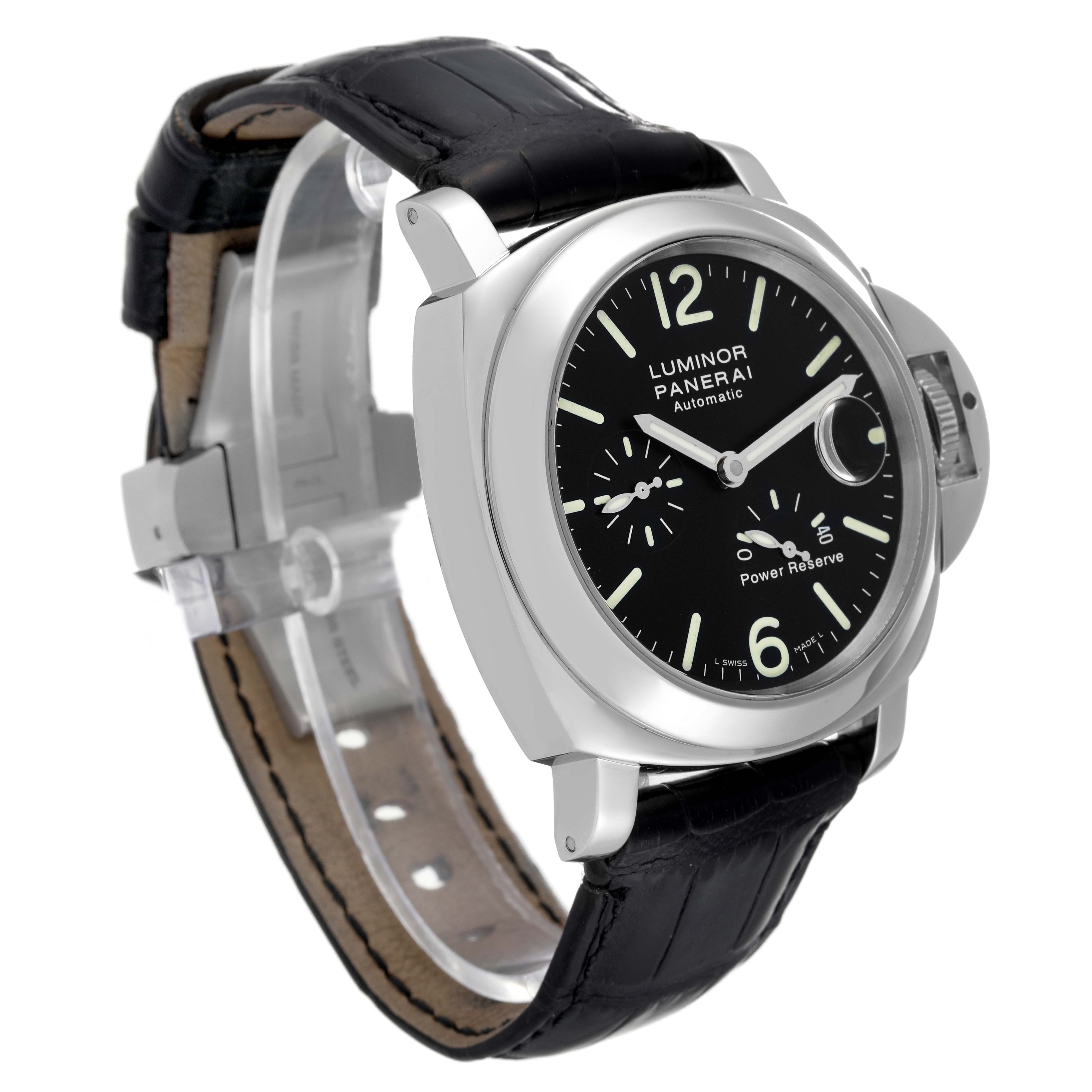 This image shows a Panerai Luminor PAM00090 Men
s Stainless Steel Black Dial PAM00090 Men
s Stainless Steel Black Dial model watch from an angled side view, highlighting the dial, case, and strap.