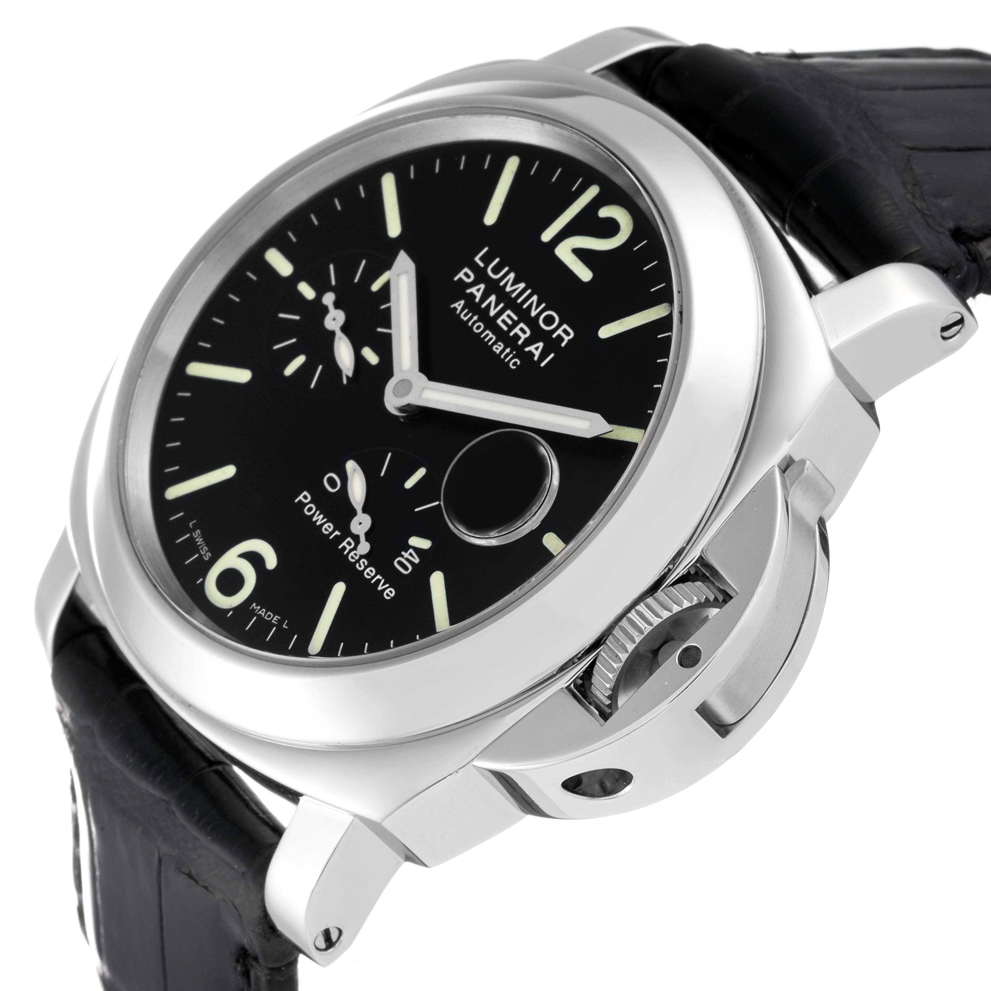 This image shows a side-angle view of a Panerai Luminor PAM00090 Men
s Stainless Steel Black Dial PAM00090 Men
s Stainless Steel Black Dial watch, highlighting the dial, crown guard, and leather strap.