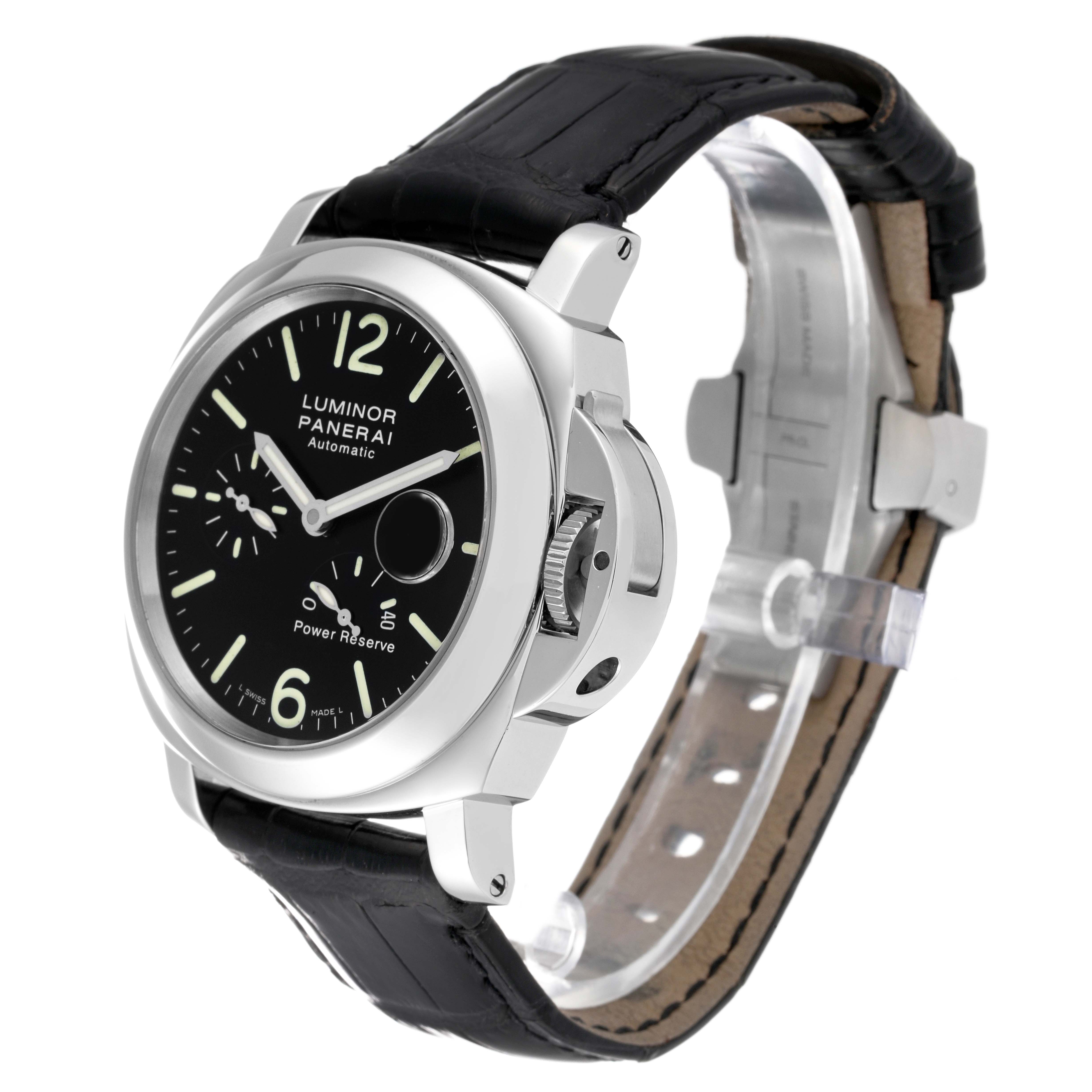 The image shows a Panerai Luminor PAM00090 Men
s Stainless Steel Black Dial PAM00090 Men
s Stainless Steel Black Dial watch at a three-quarter angle, highlighting the face, crown guard, and black leather strap.