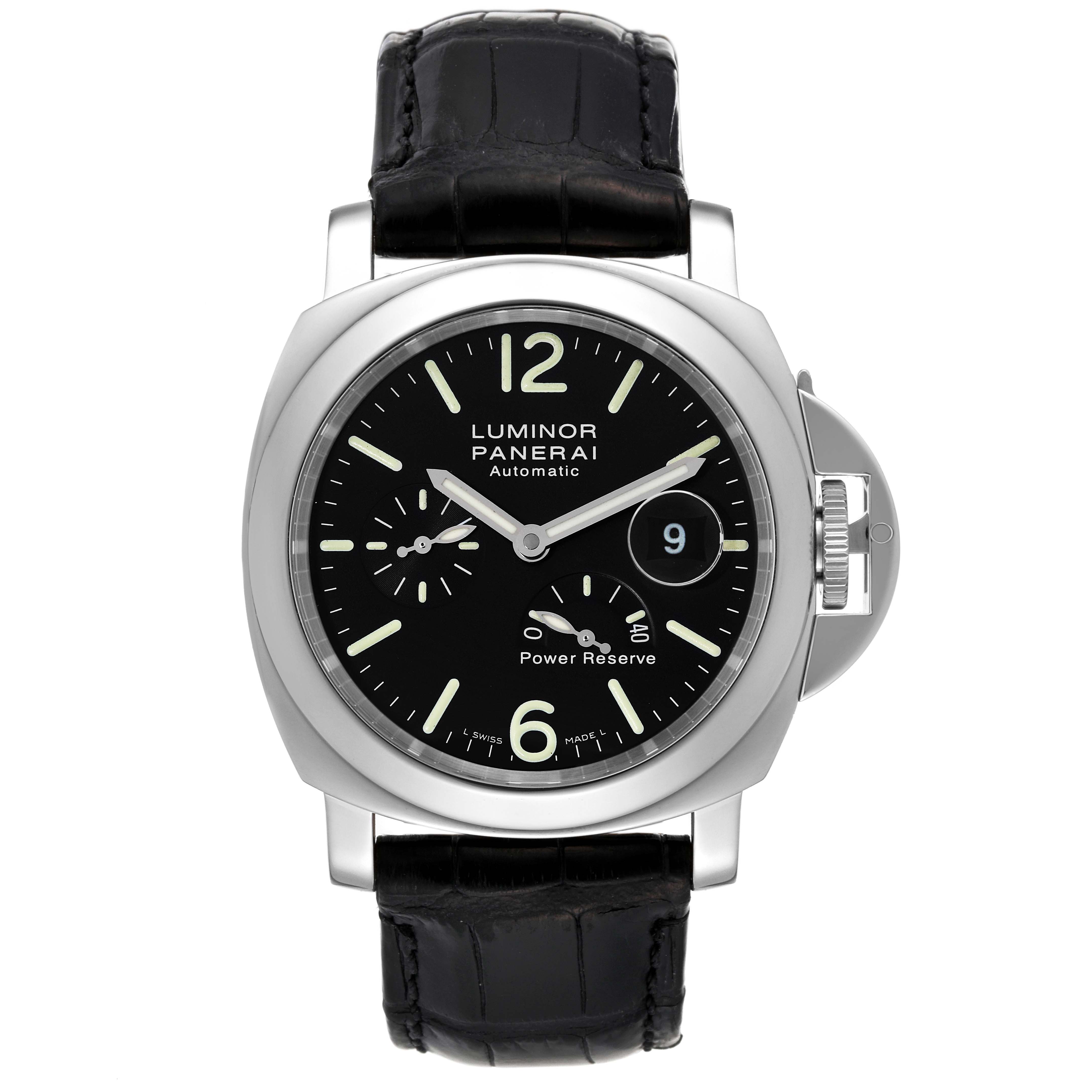 The image shows a frontal view of a Luminor model watch by Panerai, featuring the watch face, case, and strap.