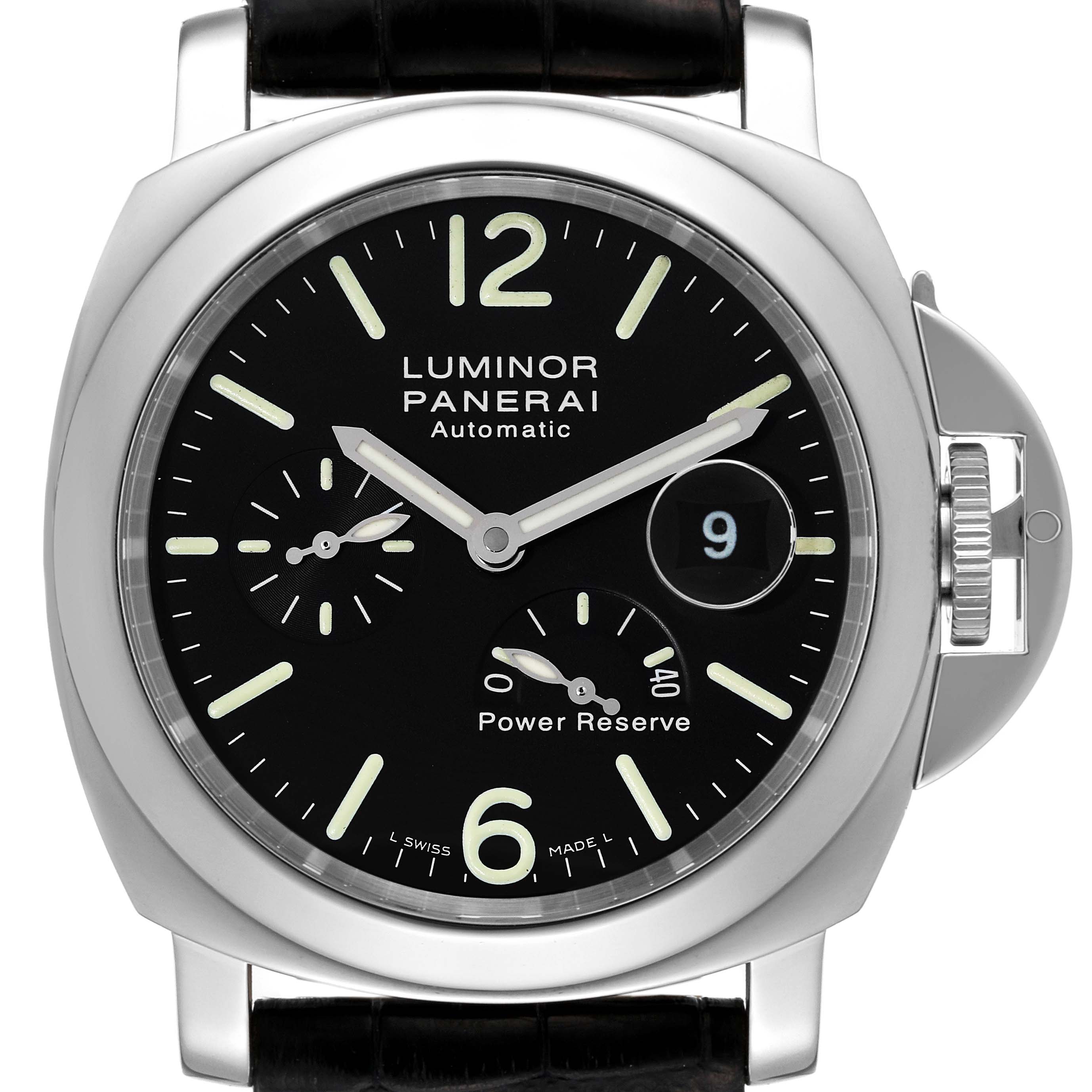 This Panerai Luminor PAM00090 Men
s Stainless Steel Black Dial PAM00090 Men
s Stainless Steel Black Dial watch is shown from the front, displaying its dial, hands, subdials, case, strap, and crown guard.
