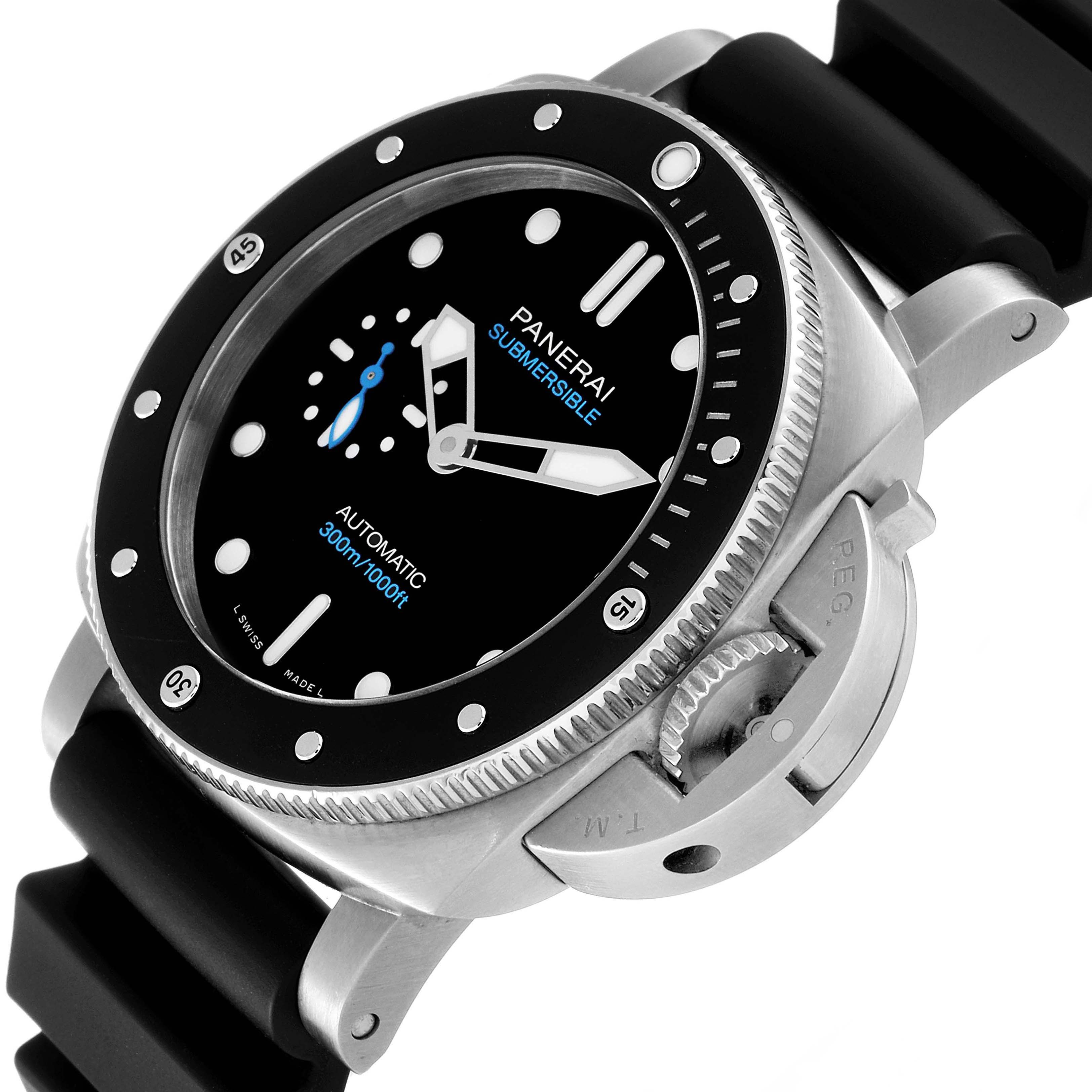 The image shows a Panerai Submersible PAM00683 Men's Stainless Steel Black Dial PAM00683 Men's Stainless Steel Black Dial watch at a 3/4 angle, highlighting its bezel, dial, crown guard, and black rubber strap.