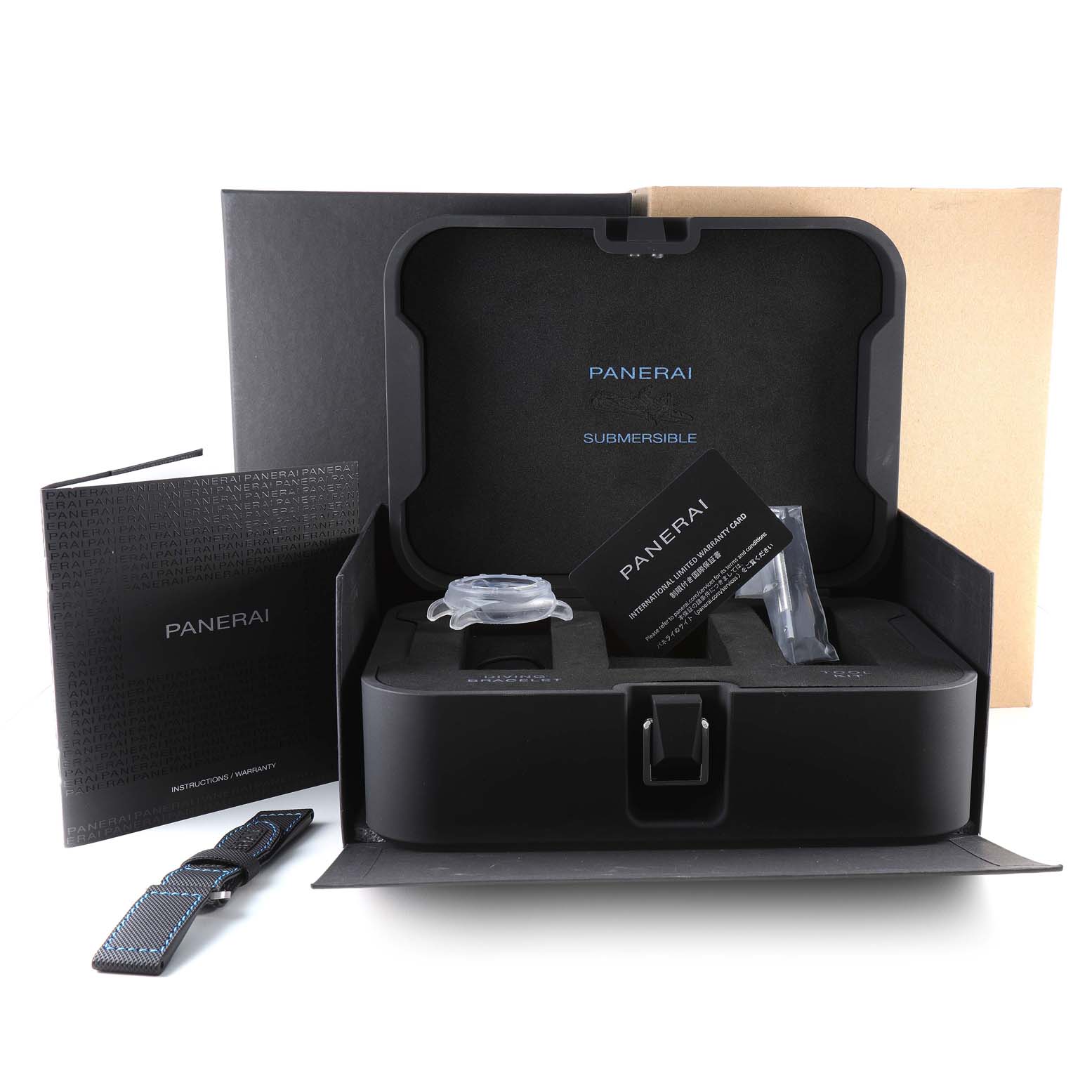 The image shows a Panerai Submersible PAM00683 Men's Stainless Steel Black Dial PAM00683 Men's Stainless Steel Black Dial watch with its box, manuals, warranty card, and an extra strap.