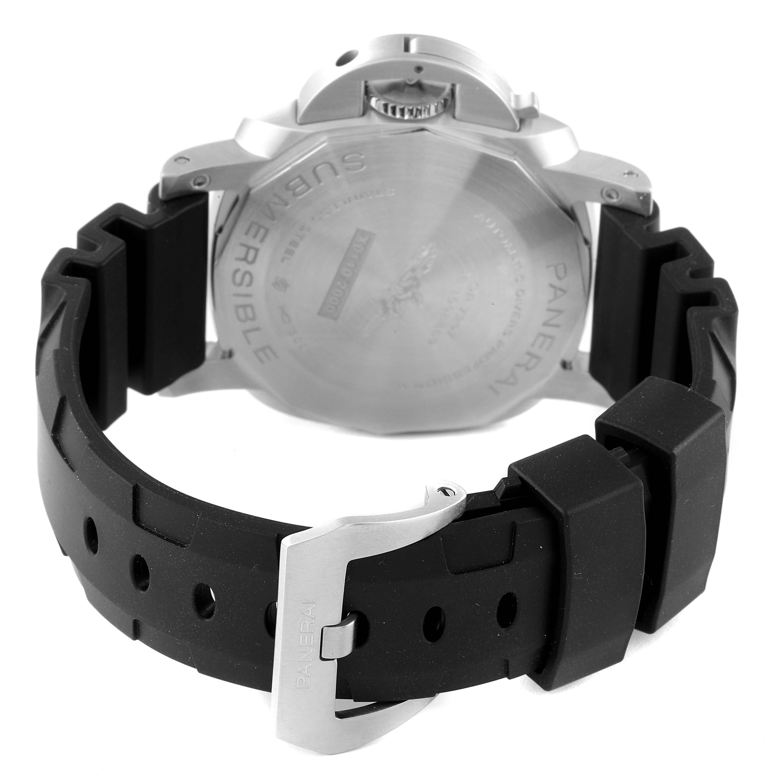 This image shows the back case and rubber strap of the Panerai Submersible PAM00683 Men's Stainless Steel Black Dial PAM00683 Men's Stainless Steel Black Dial watch, viewed from a rear angle.