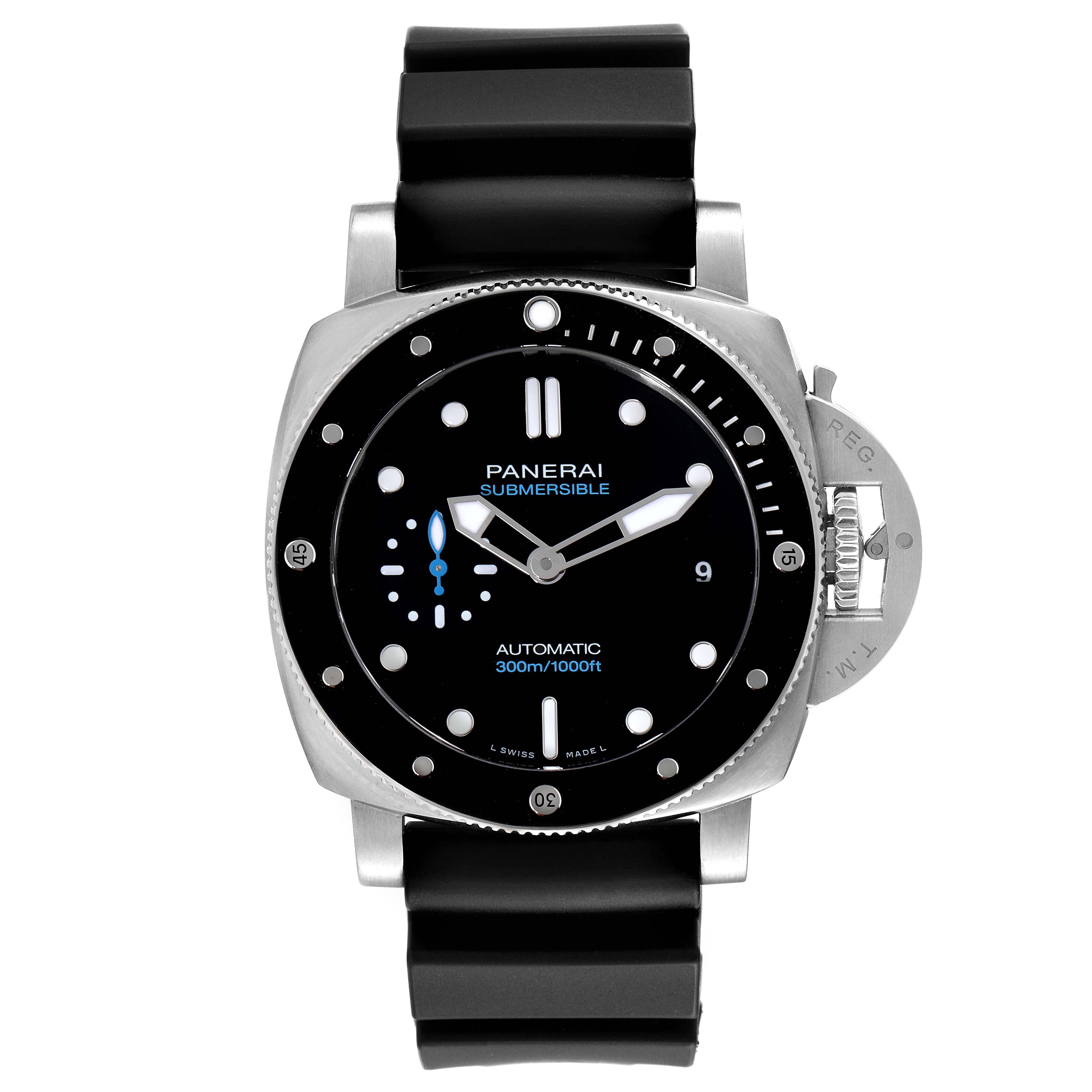 The Panerai Submersible PAM00683 Men's Stainless Steel Black Dial PAM00683 Men's Stainless Steel Black Dial watch is shown from a front-facing angle, displaying the dial, bezel, strap, and crown guard.