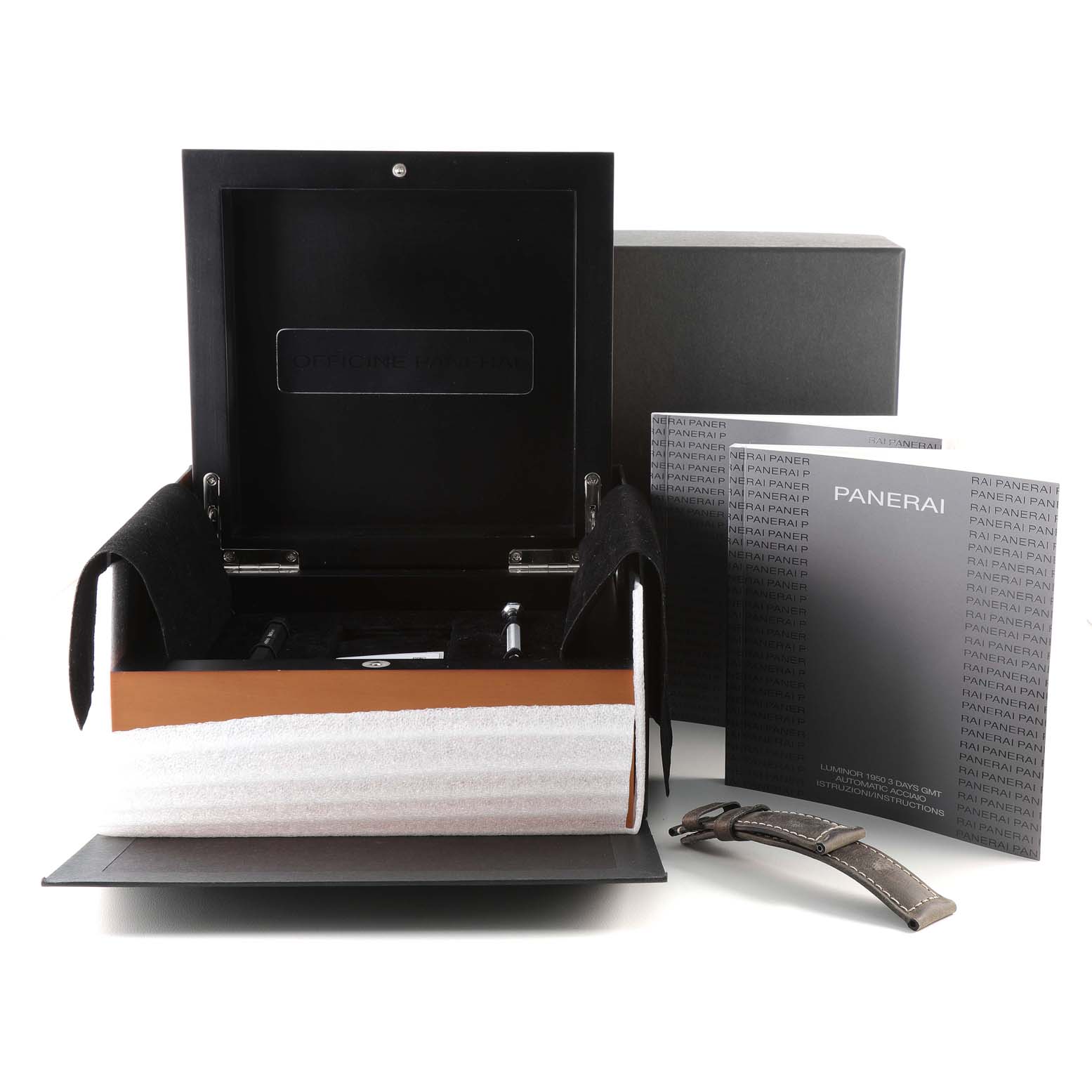 The image shows the open box, instruction manuals, and an additional strap for the Panerai Luminor PAM00535 Men
s Stainless Steel Black Dial PAM00535 Men
s Stainless Steel Black Dial watch model.