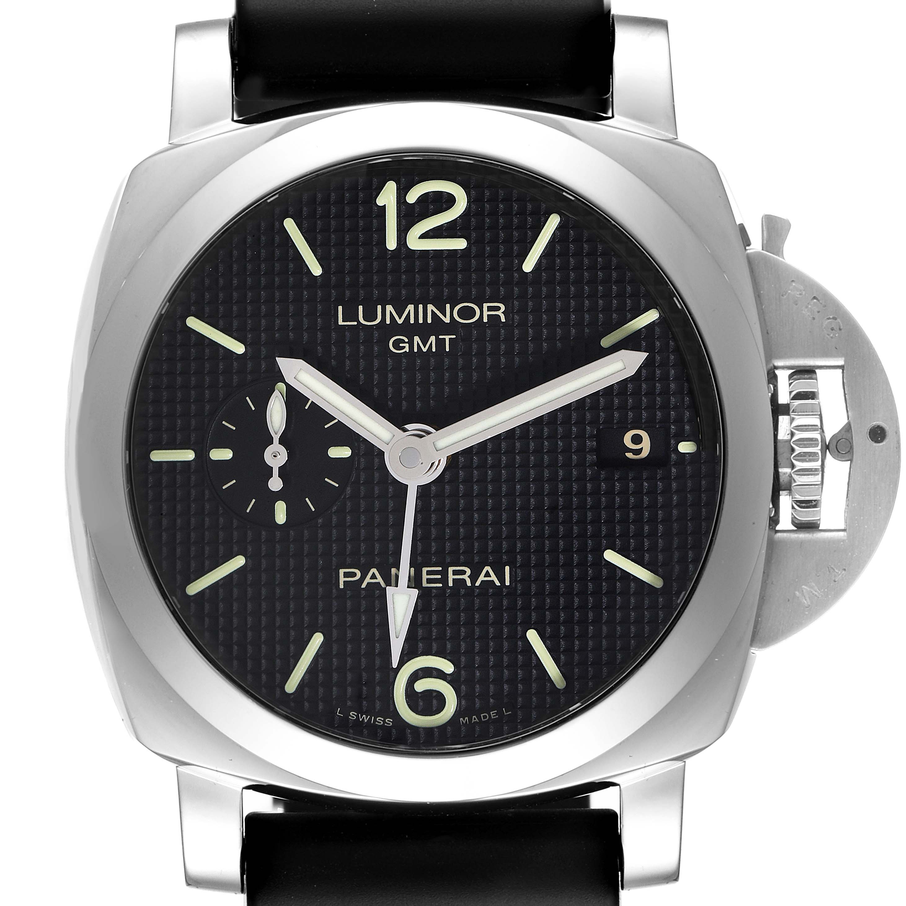 The image shows a frontal view of the Panerai Luminor PAM00535 Men
s Stainless Steel Black Dial PAM00535 Men
s Stainless Steel Black Dial watch, displaying its face, hands, date window, and crown guard.