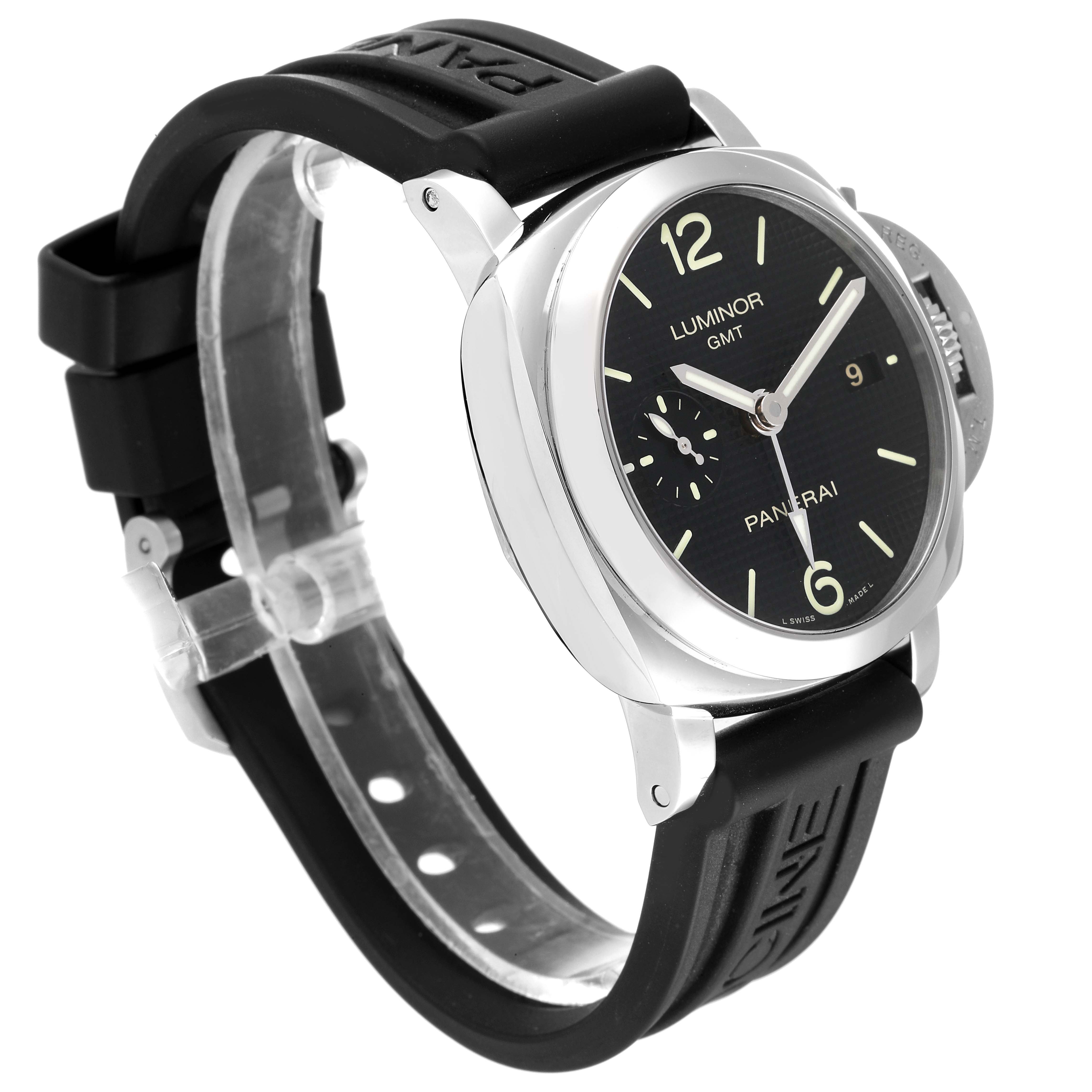 The Panerai Luminor PAM00535 Men
s Stainless Steel Black Dial PAM00535 Men
s Stainless Steel Black Dial watch is shown at a three-quarter angle, highlighting its face, strap, and crown guard.