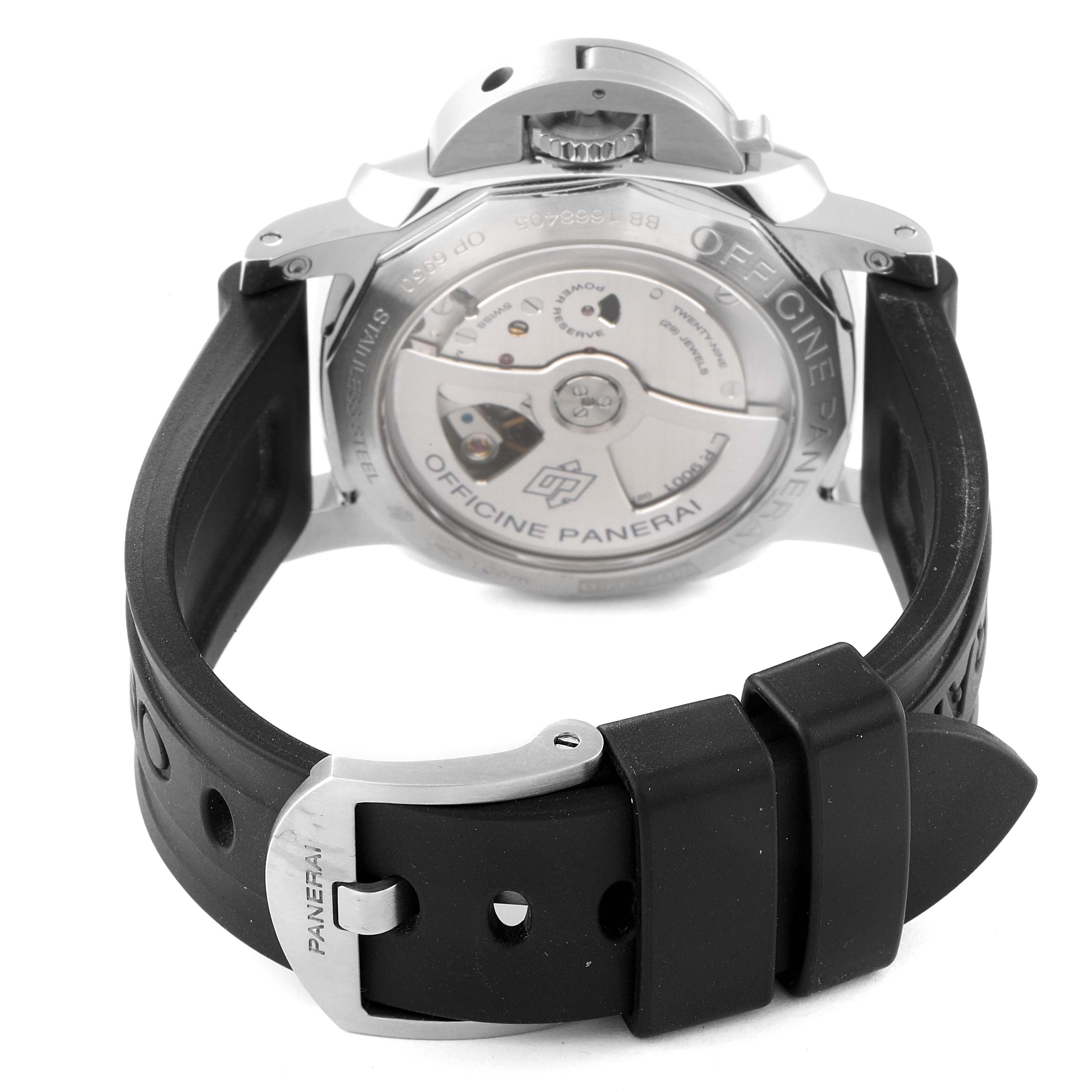 The image shows the back case, movement, and rubber strap of a Panerai Luminor PAM00535 Men
s Stainless Steel Black Dial PAM00535 Men
s Stainless Steel Black Dial watch.