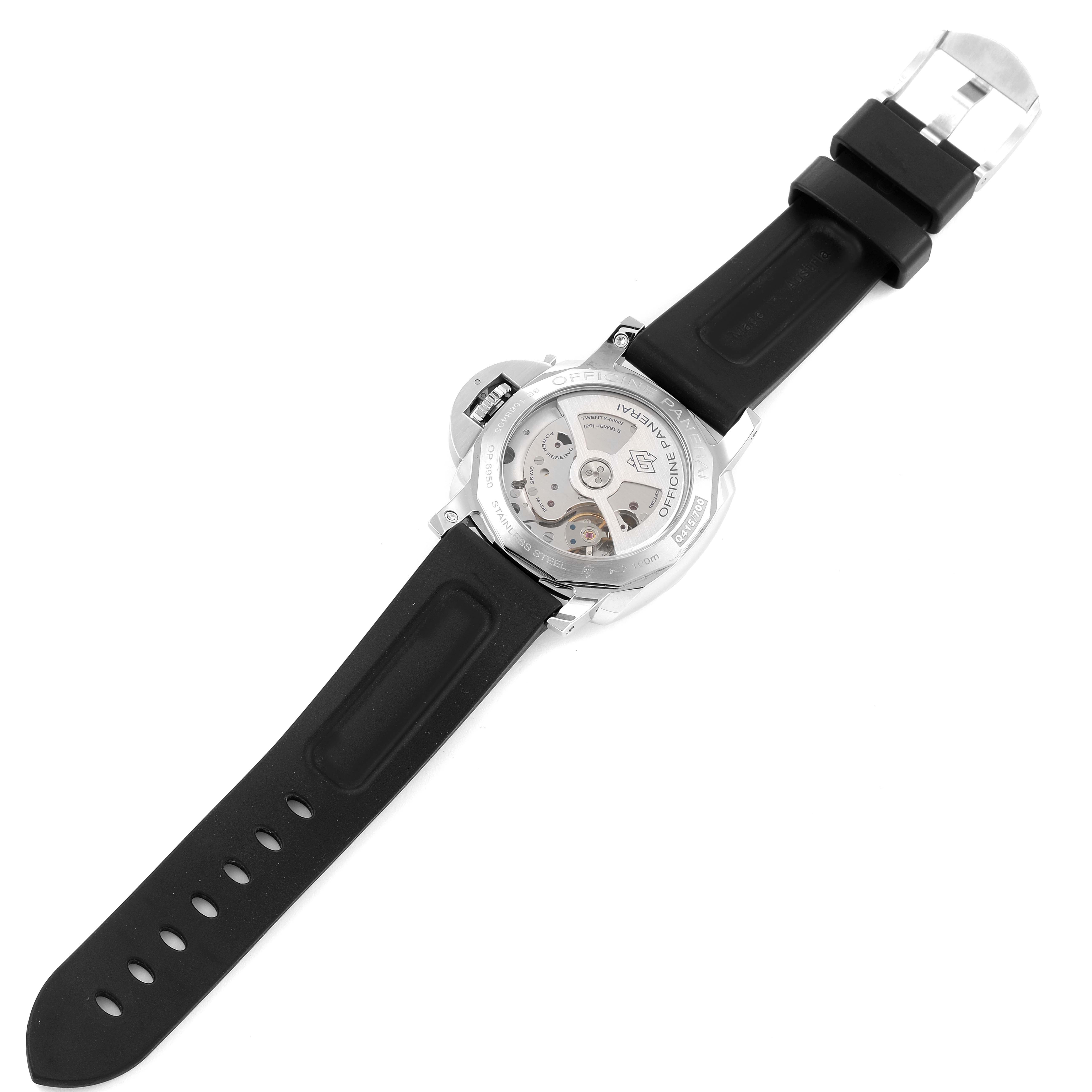 This image shows the back view of a Panerai Luminor PAM00535 Men
s Stainless Steel Black Dial PAM00535 Men
s Stainless Steel Black Dial watch, highlighting its movement and black rubber strap.