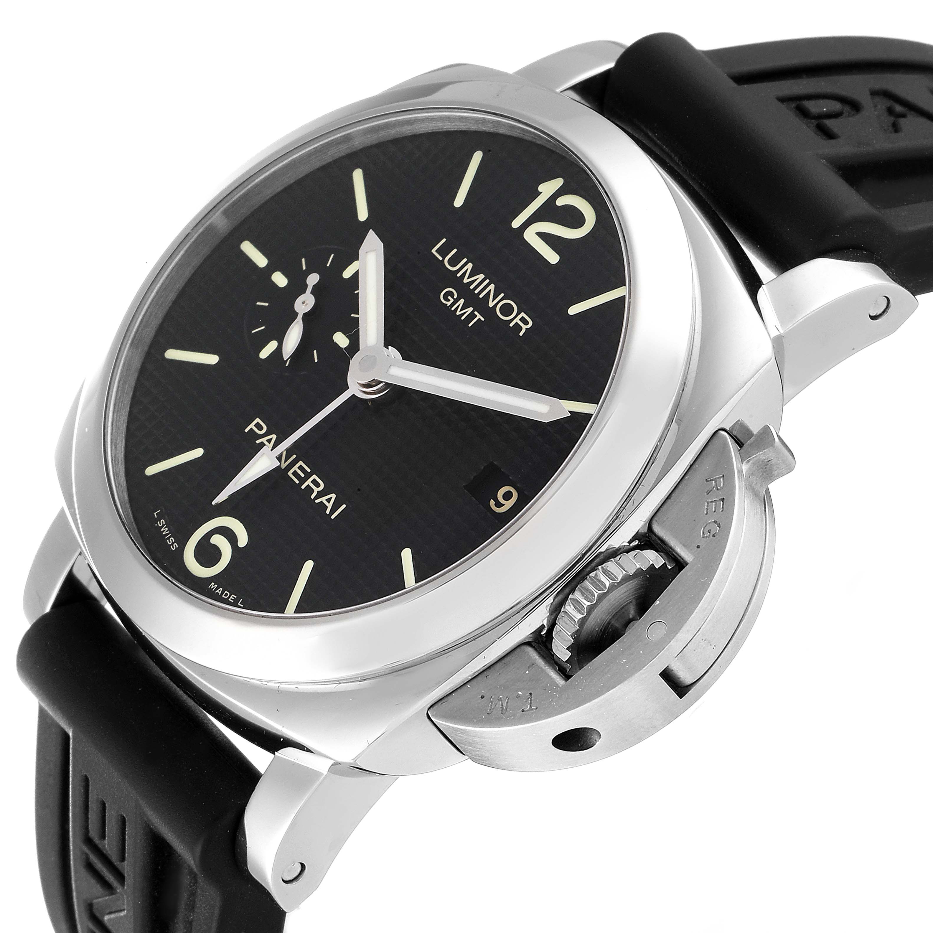 This image shows a side angle of the Panerai Luminor PAM00535 Men
s Stainless Steel Black Dial PAM00535 Men
s Stainless Steel Black Dial GMT watch, highlighting the dial, crown guard, and part of the strap.