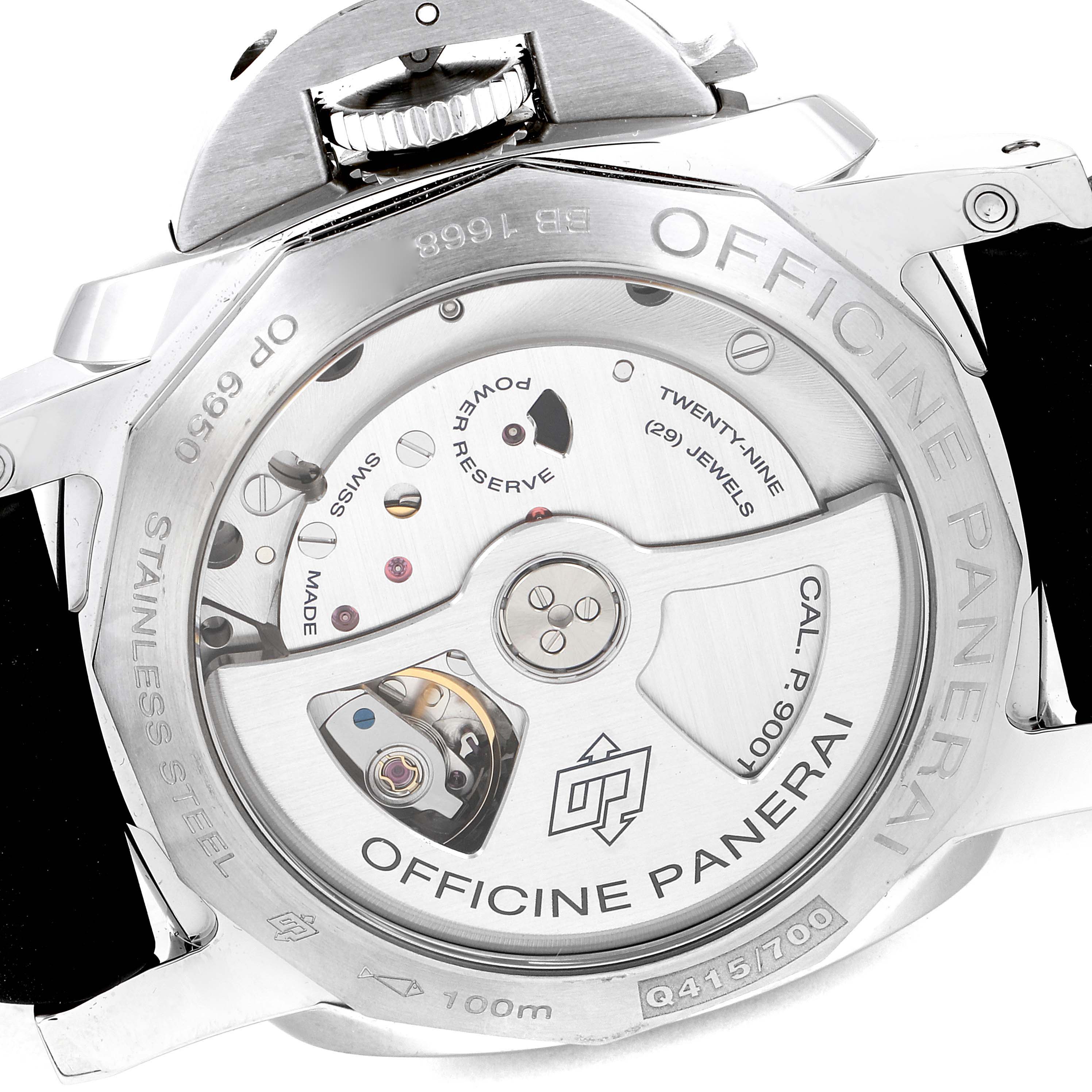 This image shows the back view of a Panerai Luminor PAM00535 Men
s Stainless Steel Black Dial PAM00535 Men
s Stainless Steel Black Dial watch, highlighting the movement and inner mechanics.