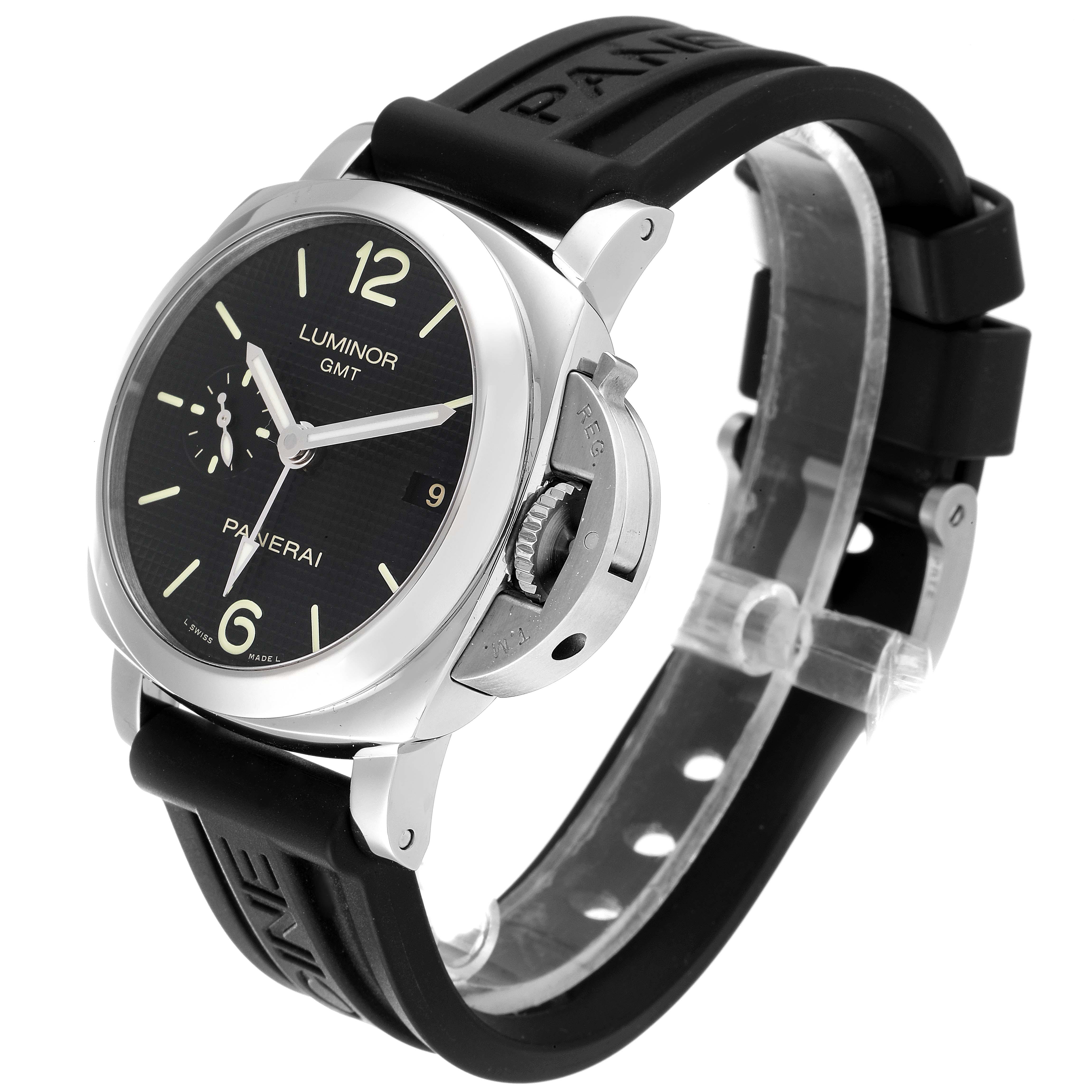 The image shows a Panerai Luminor PAM00535 Men
s Stainless Steel Black Dial PAM00535 Men
s Stainless Steel Black Dial GMT watch from a three-quarter angle highlighting the face, bezel, crown guard, and strap.