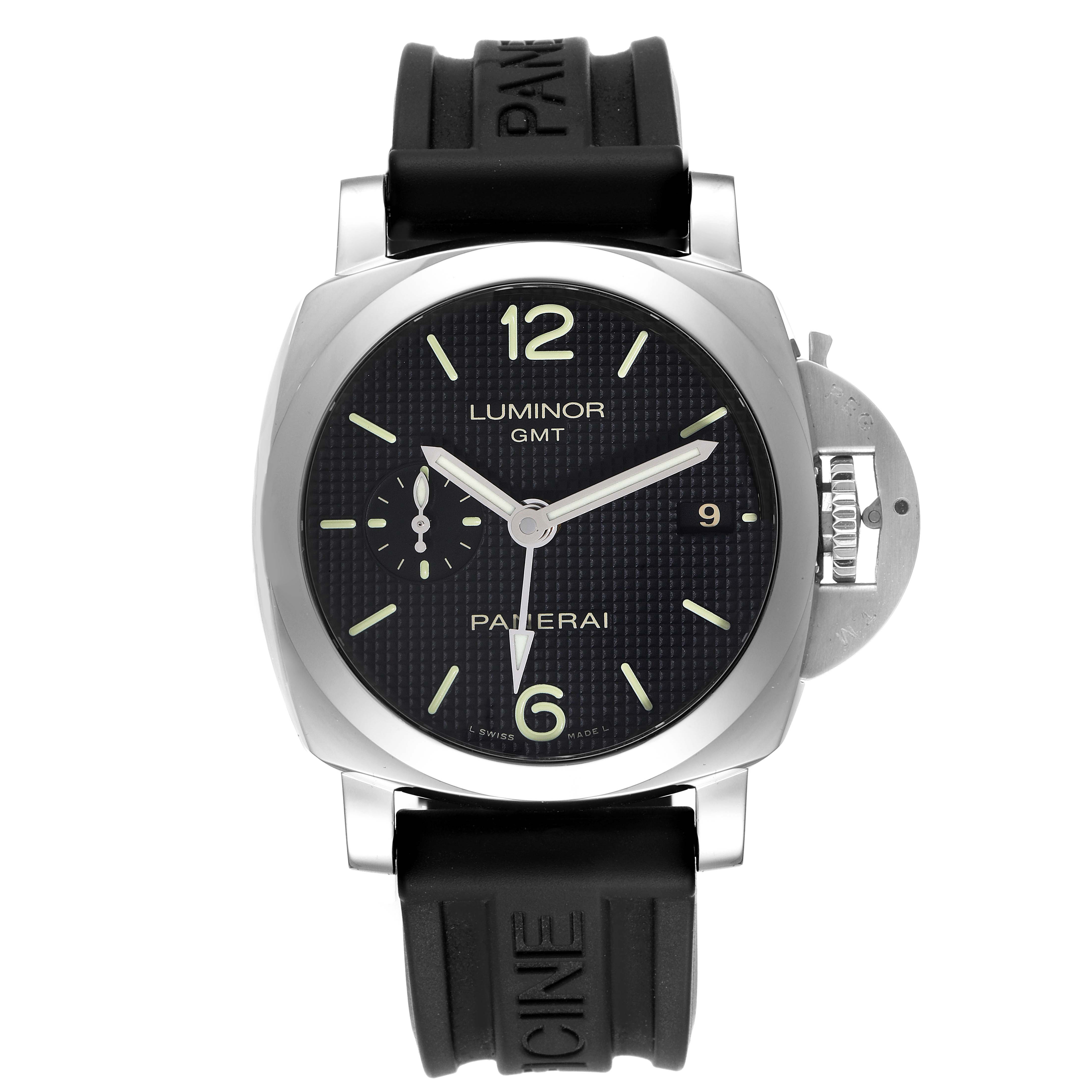 The image displays a Panerai Luminor PAM00535 Men
s Stainless Steel Black Dial PAM00535 Men
s Stainless Steel Black Dial GMT watch from the front, showing its dial, bezel, crown, and strap.