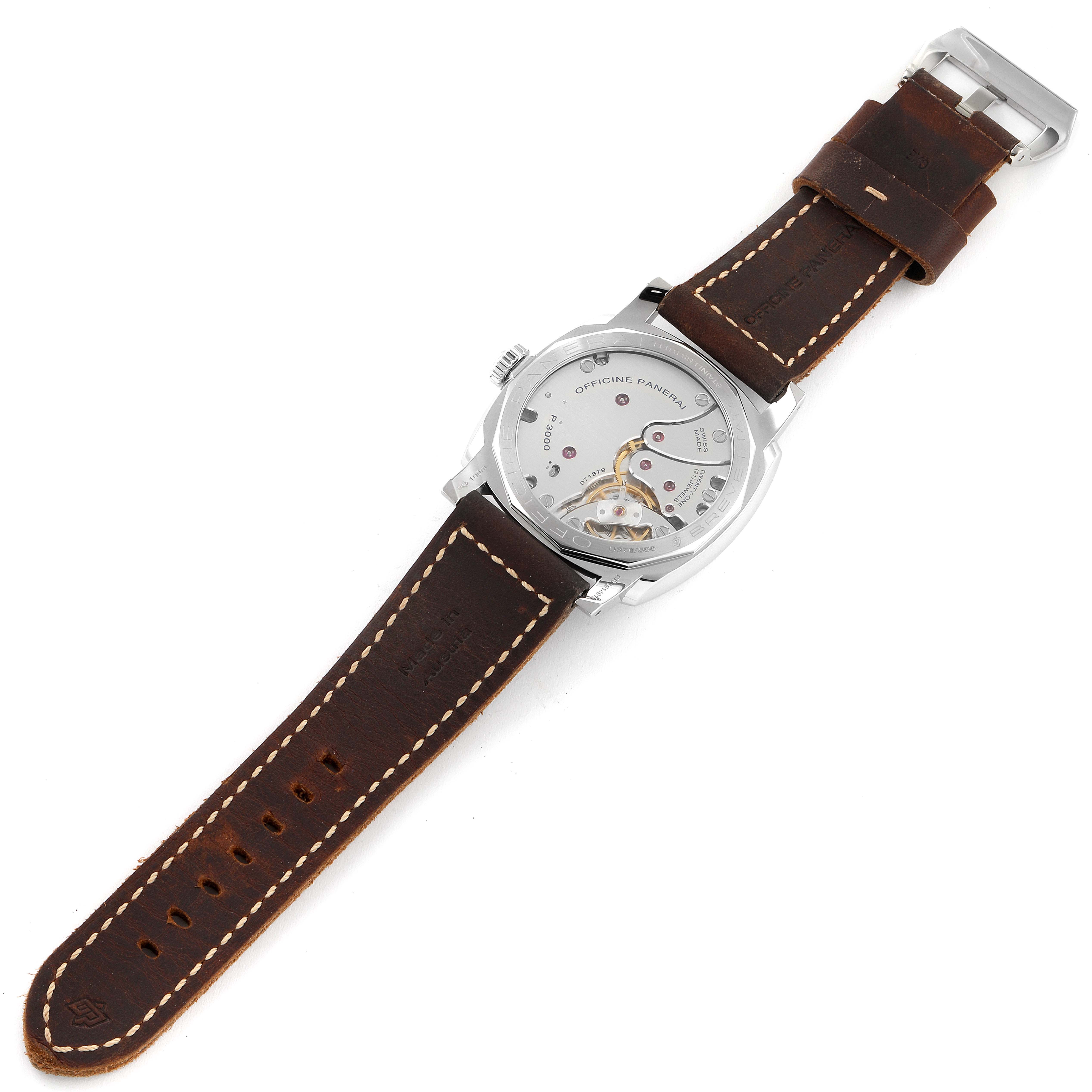 The image shows the back view of the Panerai Radiomir PAM00790 Men's Stainless Steel Black Dial PAM00790 Men's Stainless Steel Black Dial watch, highlighting its leather strap and visible mechanical movement through the case back.