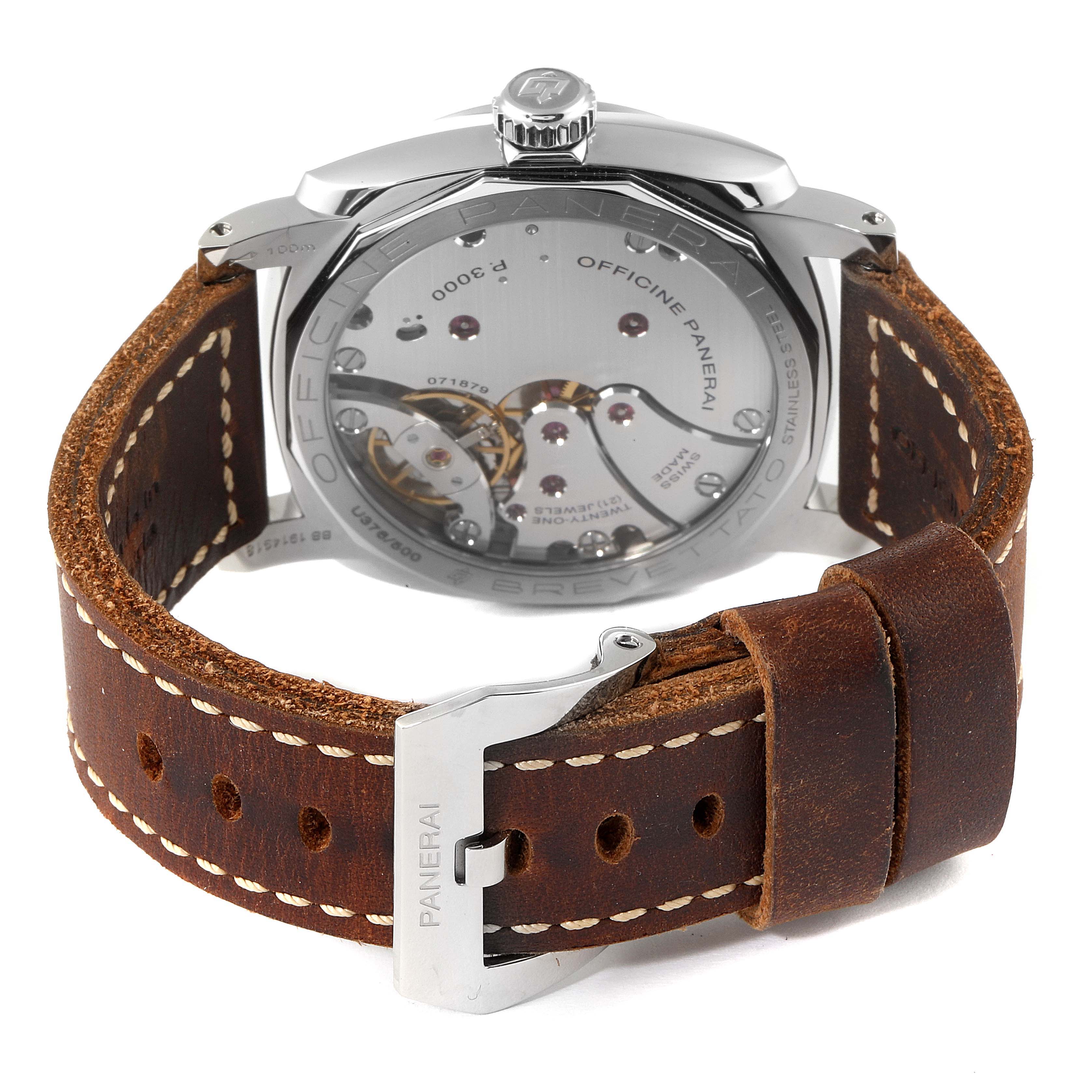 The image shows the back view of a Panerai Radiomir PAM00790 Men's Stainless Steel Black Dial PAM00790 Men's Stainless Steel Black Dial watch, highlighting its movement and brown leather strap with a Panerai-engraved buckle.