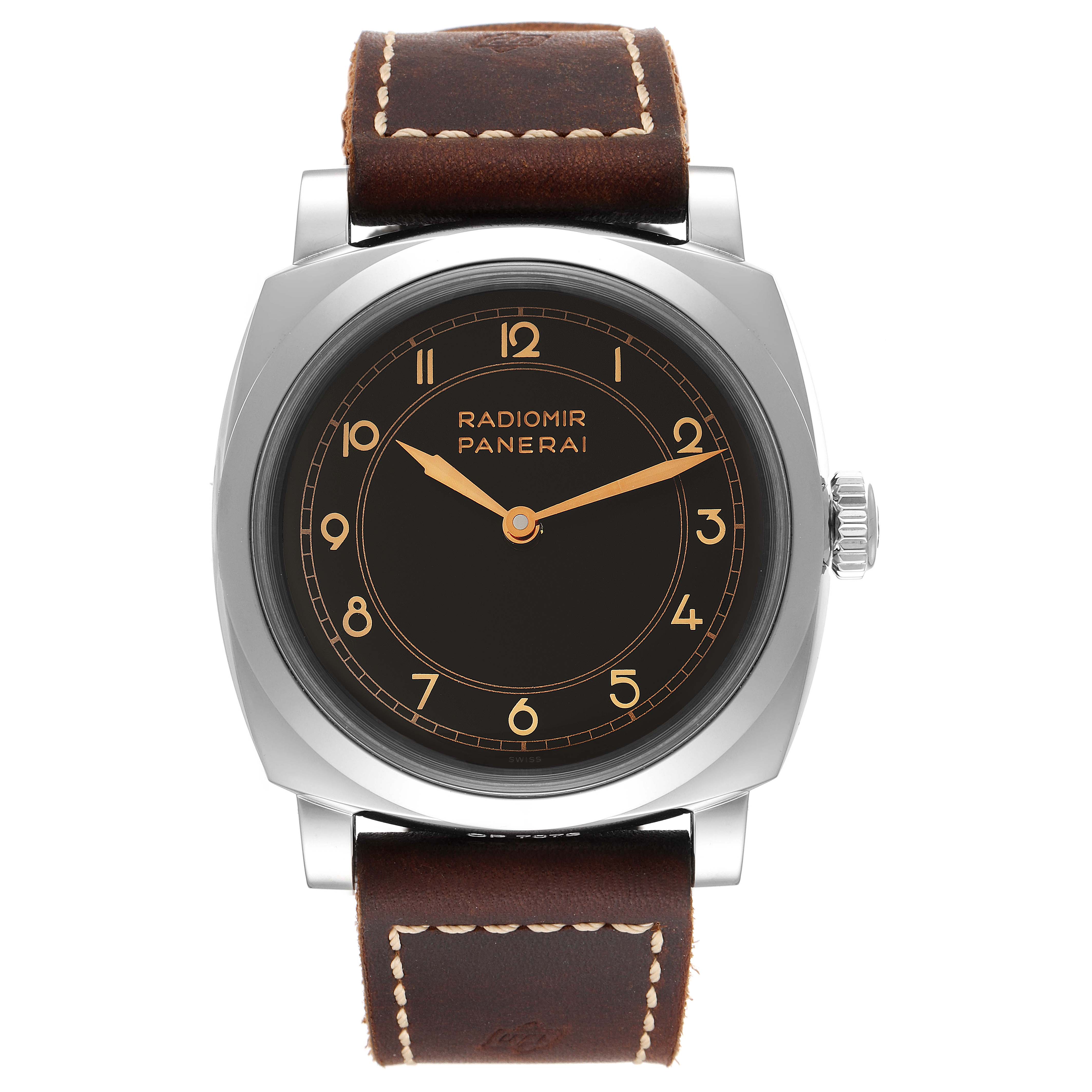 The image shows a front view of a Panerai Radiomir PAM00790 Men's Stainless Steel Black Dial PAM00790 Men's Stainless Steel Black Dial watch with a black dial and brown leather strap.
