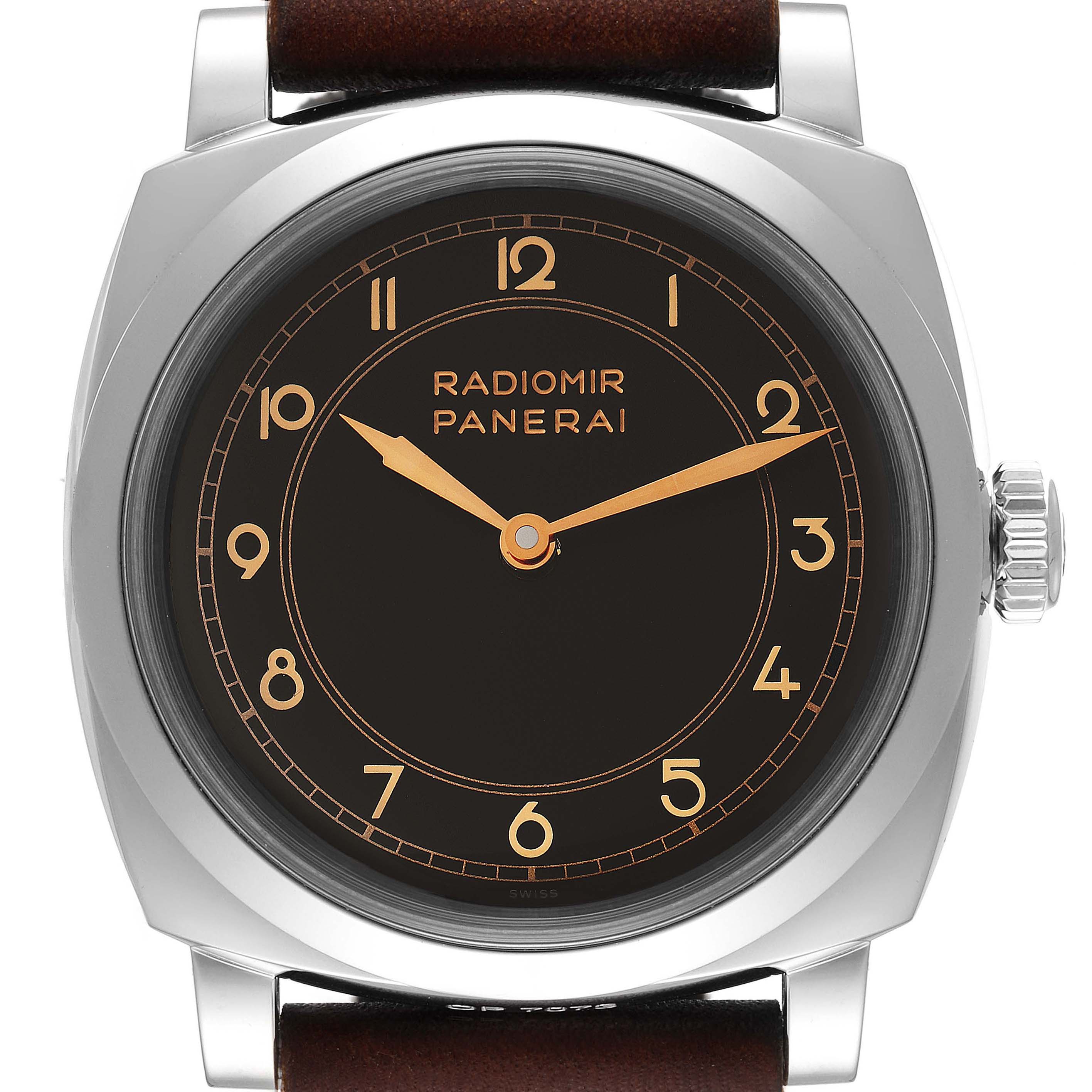 This image shows a front view of a Panerai Radiomir PAM00790 Men's Stainless Steel Black Dial PAM00790 Men's Stainless Steel Black Dial watch, highlighting its face, case, and part of the leather strap.