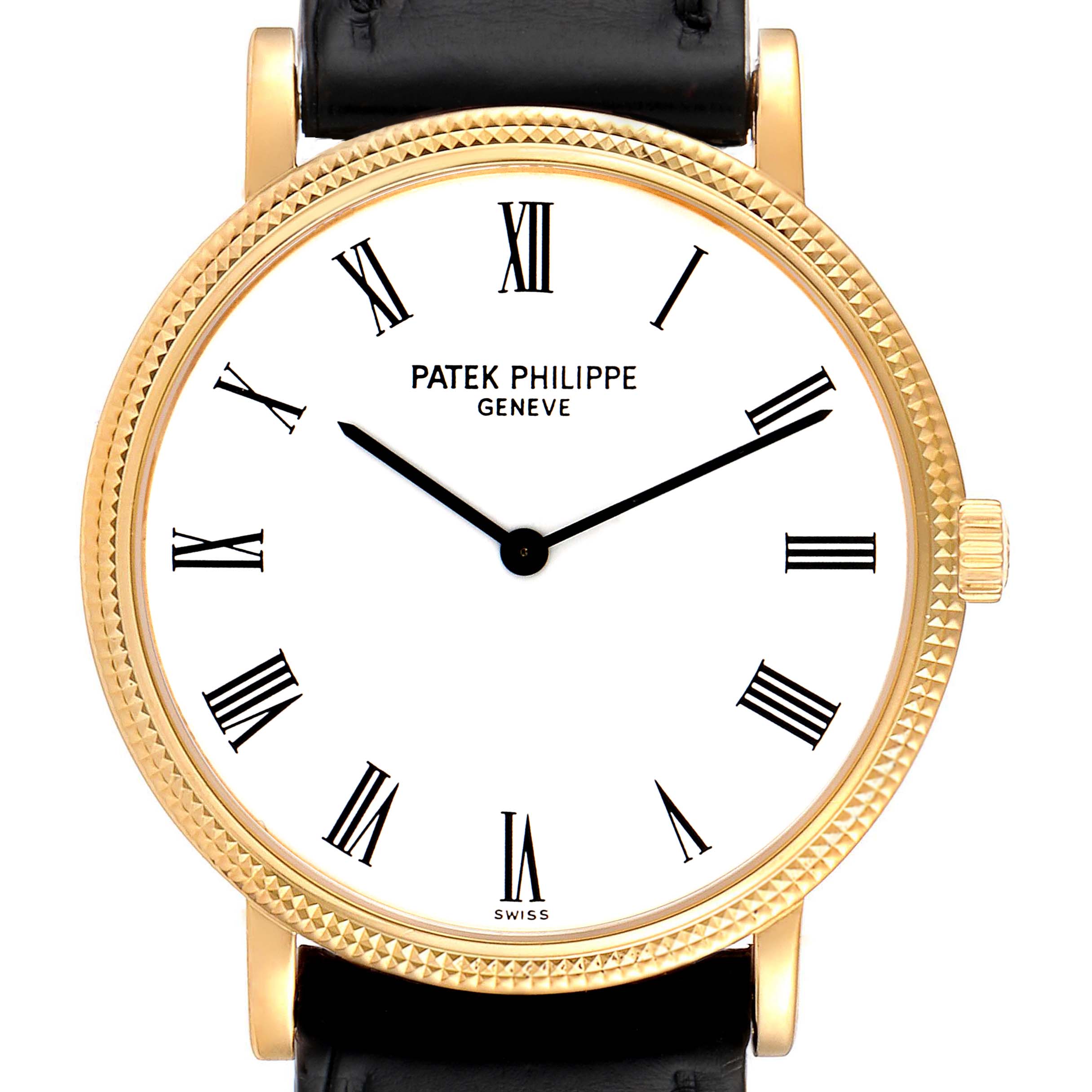 The image shows a front view of a Patek Philippe Calatrava 5120J Men's Yellow Gold White Dial 5120J Men's Yellow Gold White Dial watch, highlighting its gold case, Roman numerals, and black leather strap.