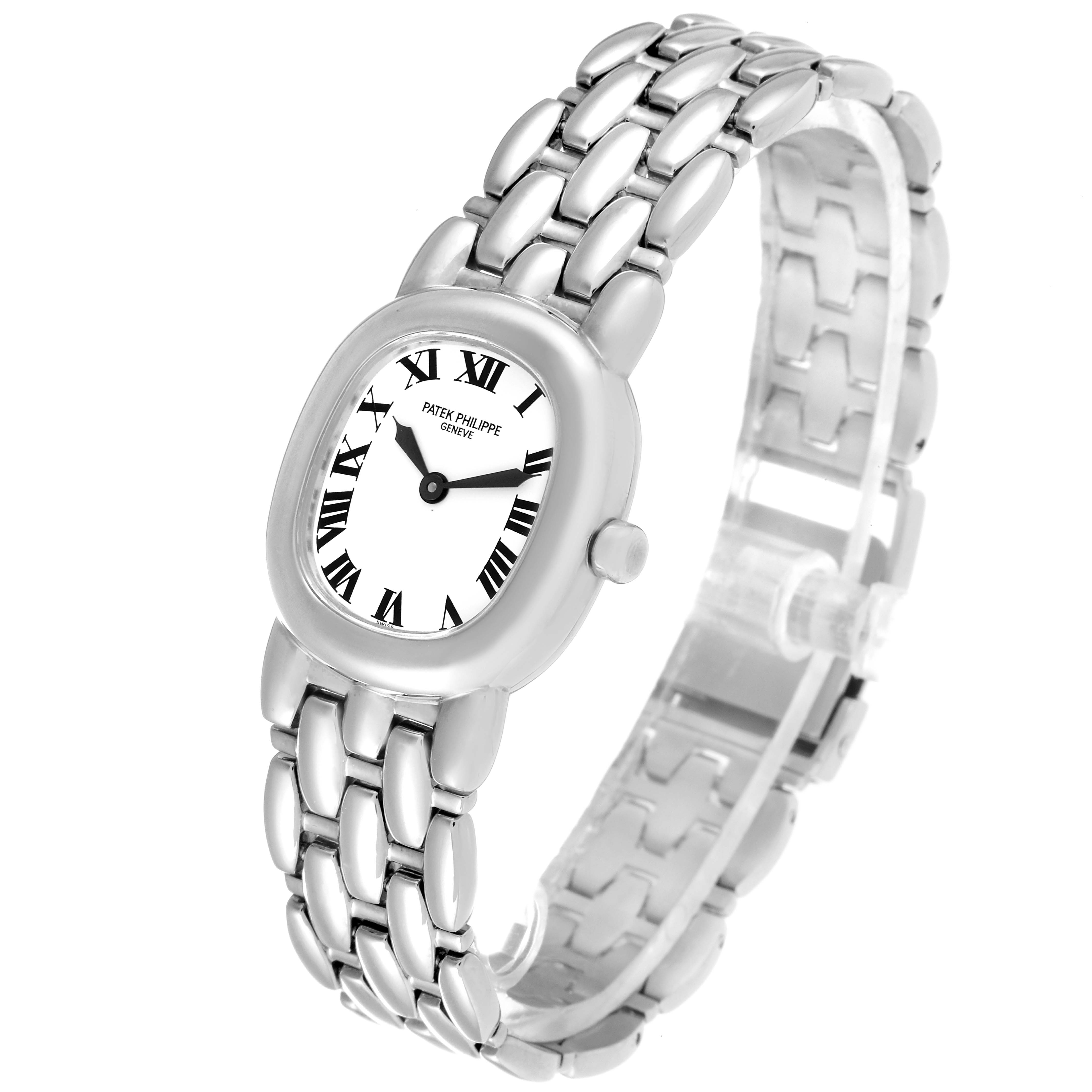 The Patek Philippe Golden Ellipse 4830G Women's White Gold White Dial 4830G Women's White Gold White Dial watch is displayed at a slight angle, showing the face, bezel, and bracelet.