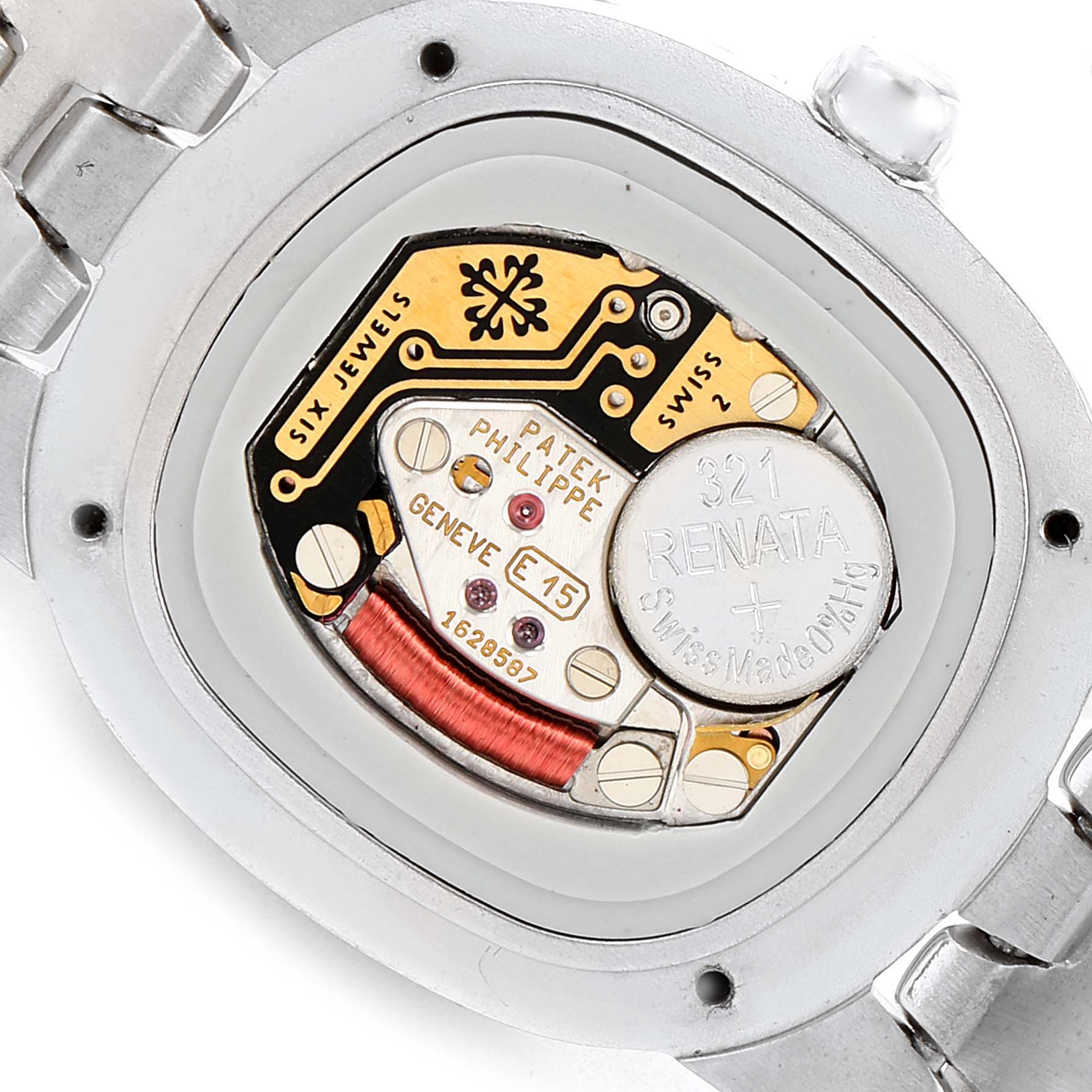 The image shows the back view of the Patek Philippe Golden Ellipse 4830G Women's White Gold White Dial 4830G Women's White Gold White Dial model, revealing its internal components and battery.