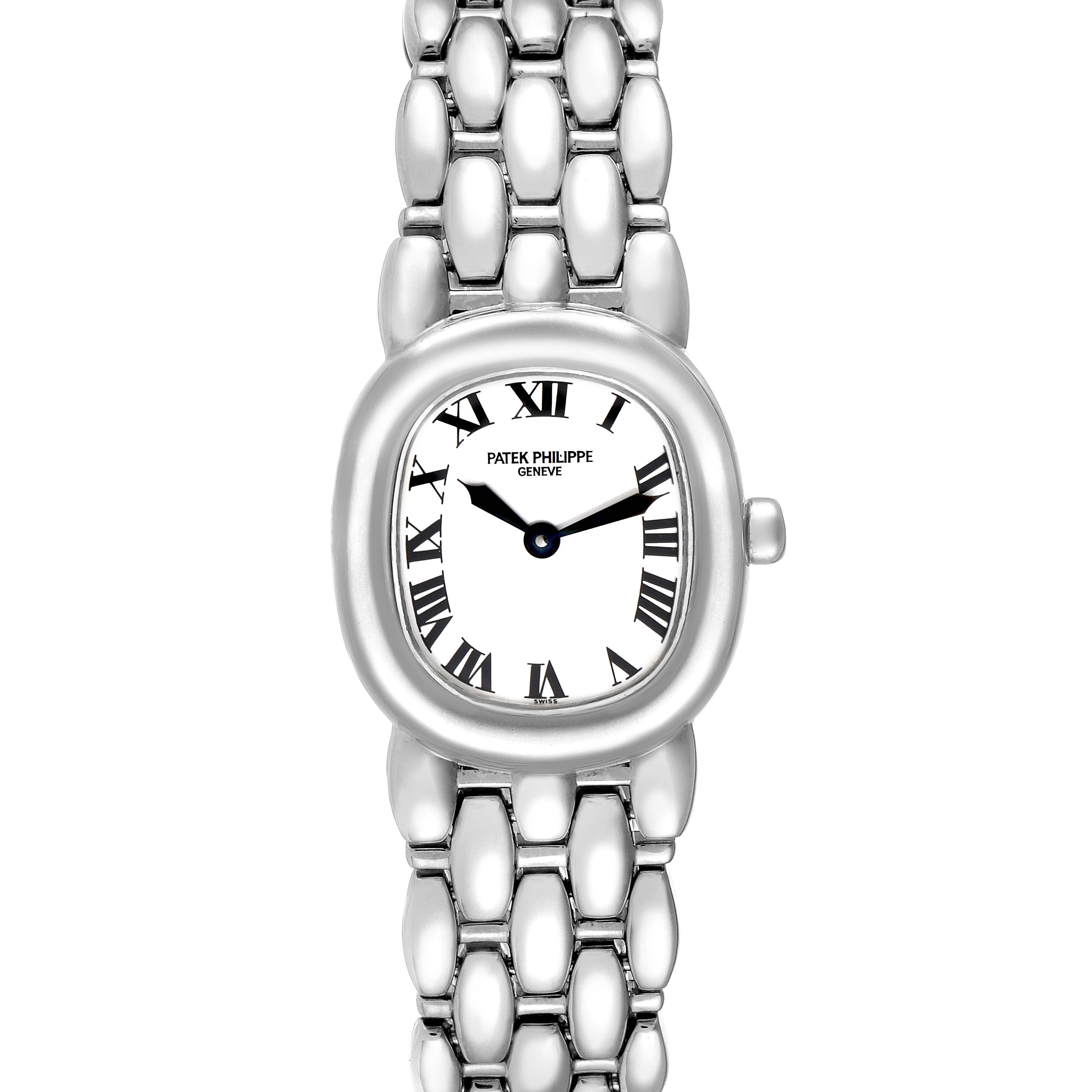 This image shows a front view of the Patek Philippe Golden Ellipse 4830G Women's White Gold White Dial 4830G Women's White Gold White Dial watch, highlighting the dial and metal bracelet.