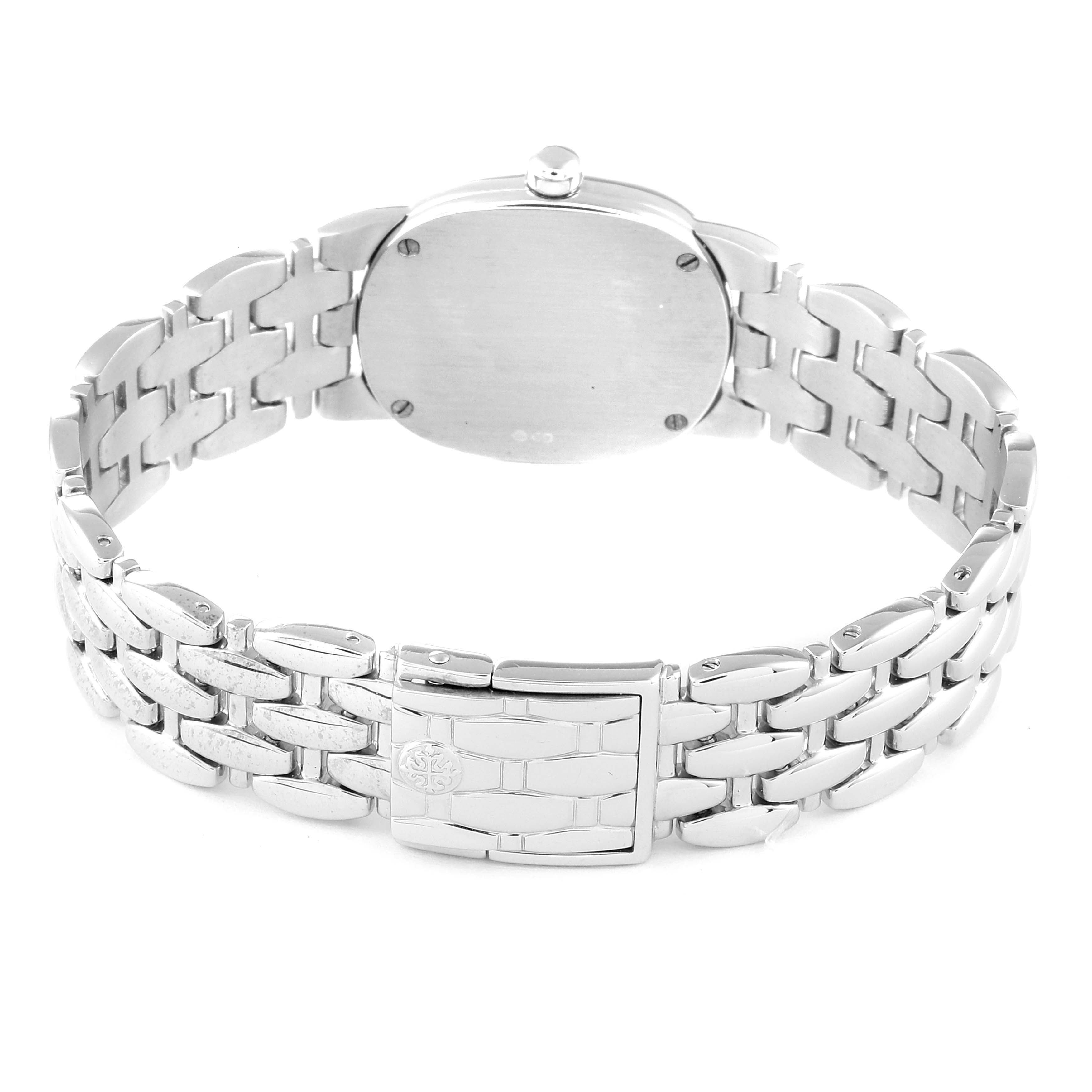 This image shows the back view of the Patek Philippe Golden Ellipse 4830G Women's White Gold White Dial 4830G Women's White Gold White Dial watch, highlighting its case back and metal bracelet.