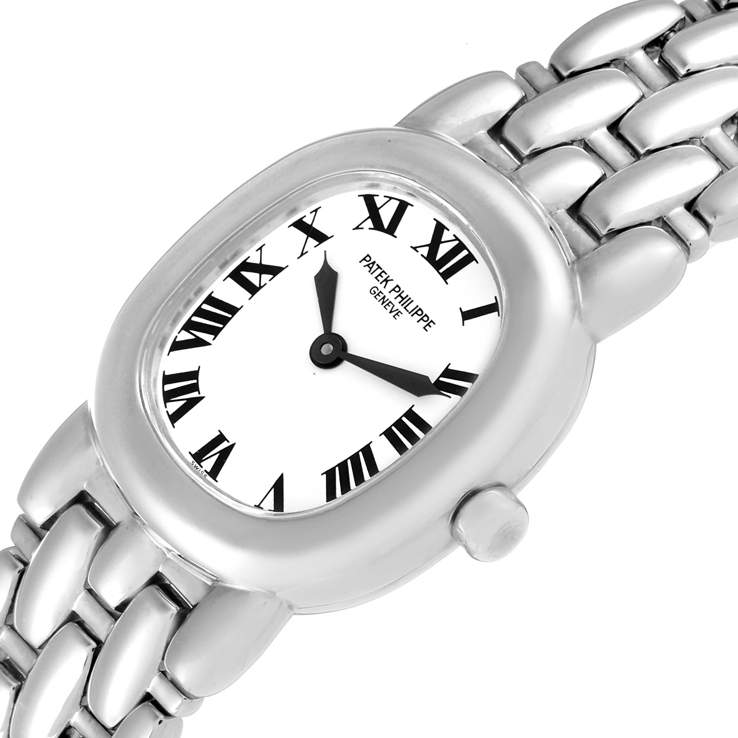 The Patek Philippe Golden Ellipse 4830G Women's White Gold White Dial 4830G Women's White Gold White Dial watch is shown at an angle displaying the watch face, strap, and side crown.