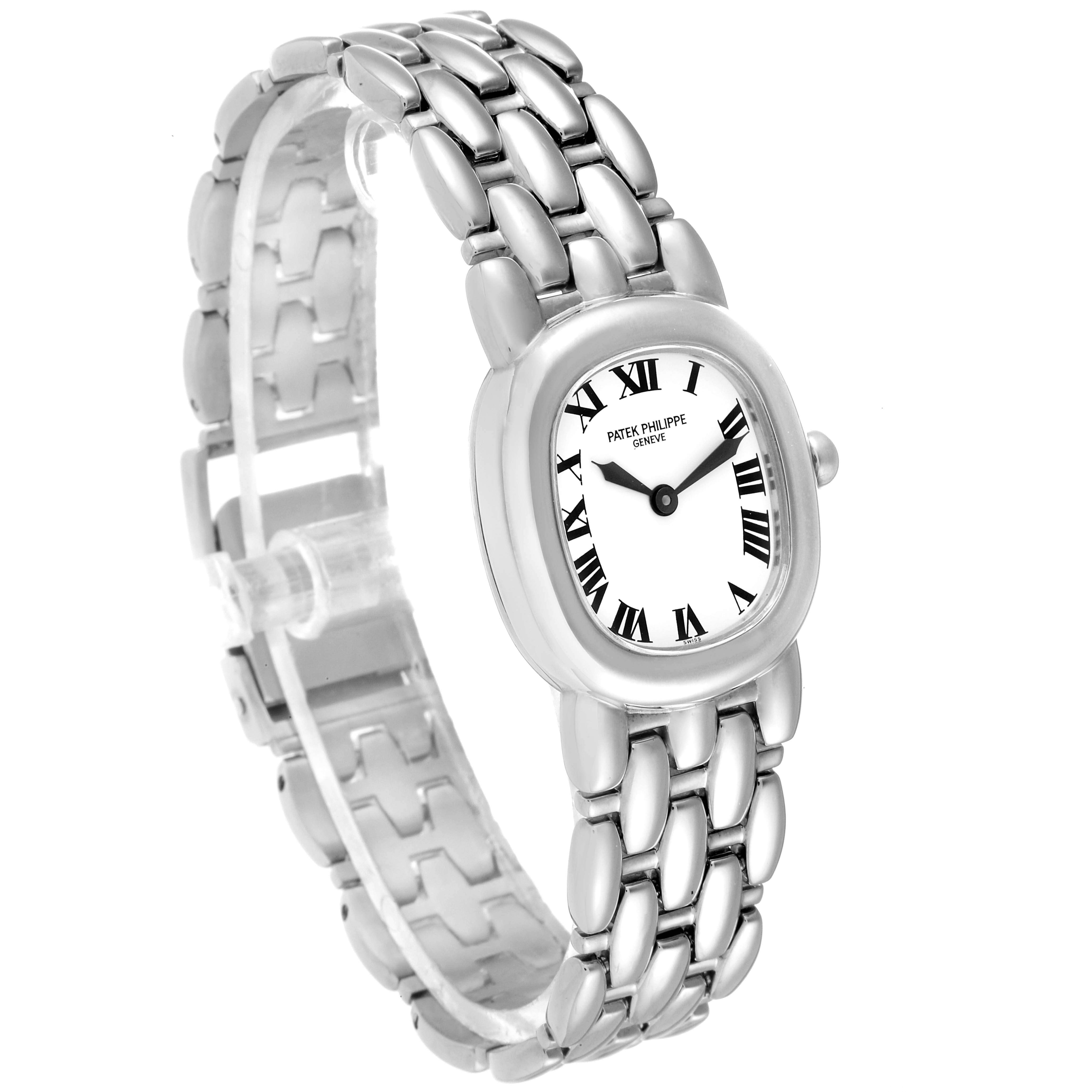The image shows a front angled view of the Patek Philippe Golden Ellipse 4830G Women's White Gold White Dial 4830G Women's White Gold White Dial watch, highlighting its face and metal bracelet.