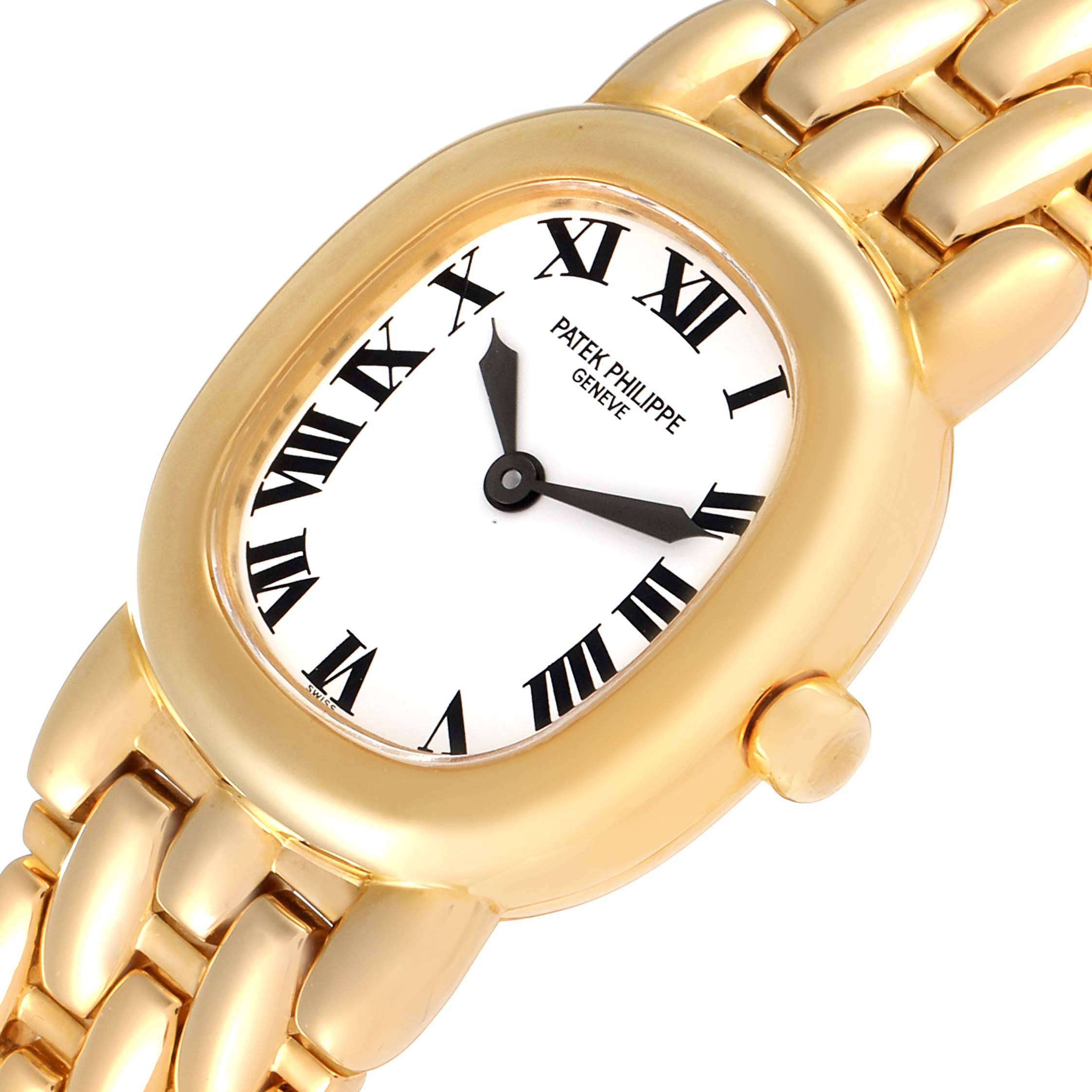 This image shows a close-up of the Patek Philippe Golden Ellipse 4830J Women's Yellow Gold White Dial 4830J Women's Yellow Gold White Dial watch, focusing on its dial, case, and part of its bracelet.
