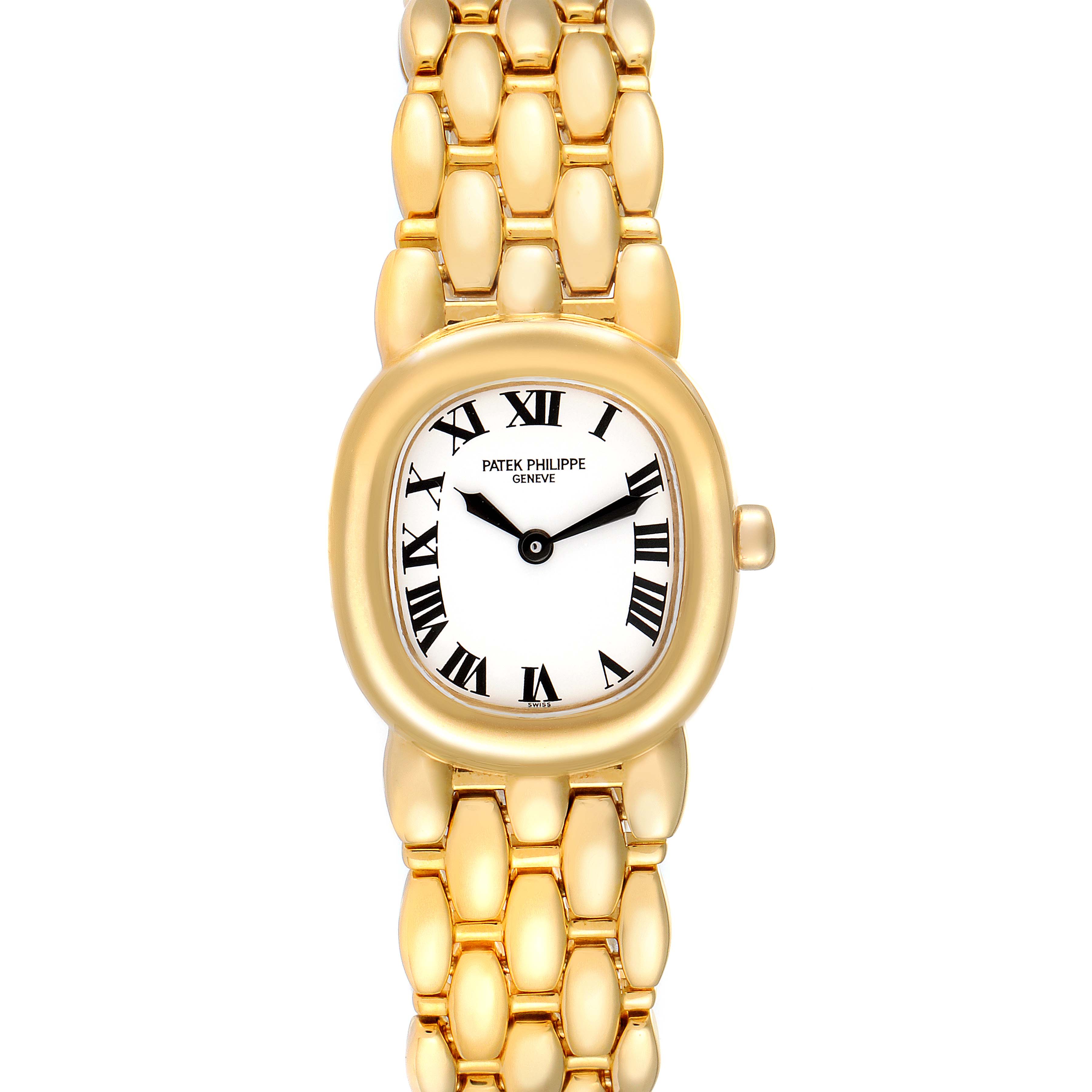 The image shows a frontal view of the Patek Philippe Golden Ellipse 4830J Women's Yellow Gold White Dial 4830J Women's Yellow Gold White Dial model watch, highlighting its face, bezel, and bracelet.