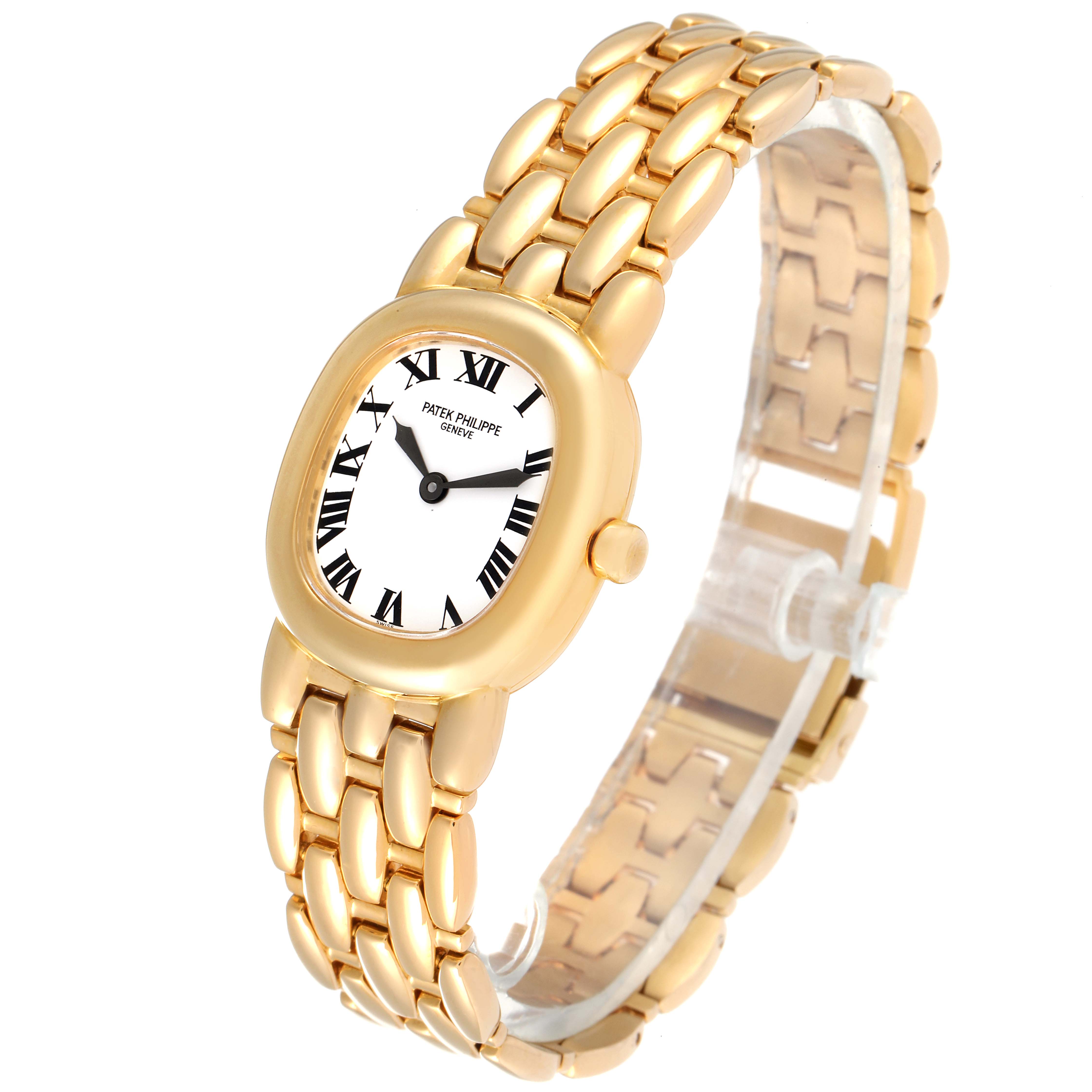 The Patek Philippe Golden Ellipse 4830J Women's Yellow Gold White Dial 4830J Women's Yellow Gold White Dial watch is shown at a three-quarter angle, highlighting its gold bracelet and elliptical dial.